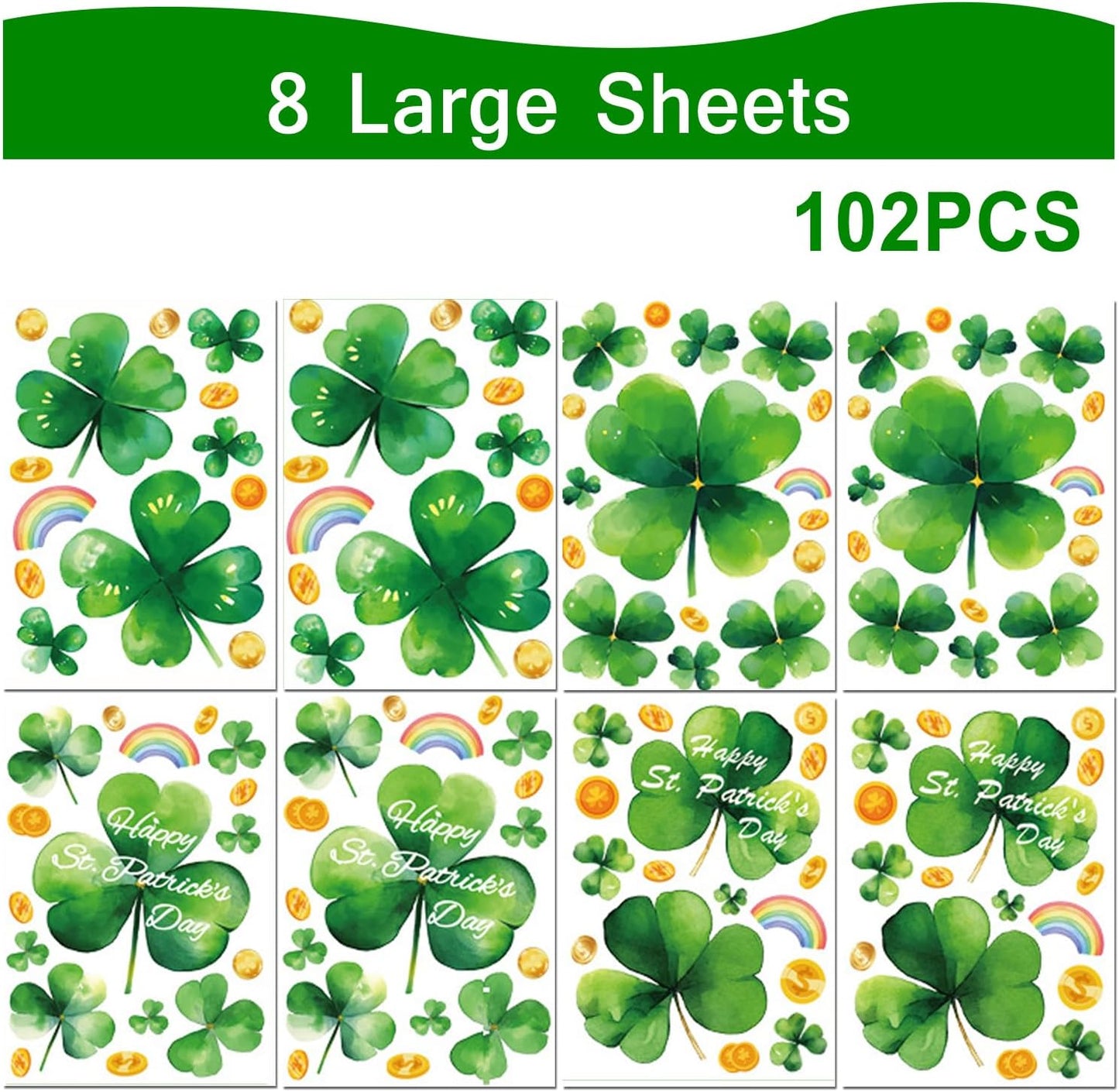 8 Sheet St Patricks Day Window Clings Shamrock Window Decorations for Glass Windows, Irish Saint Patricks Day Window Stickers for Kids Home School Office Spring Party Supplies