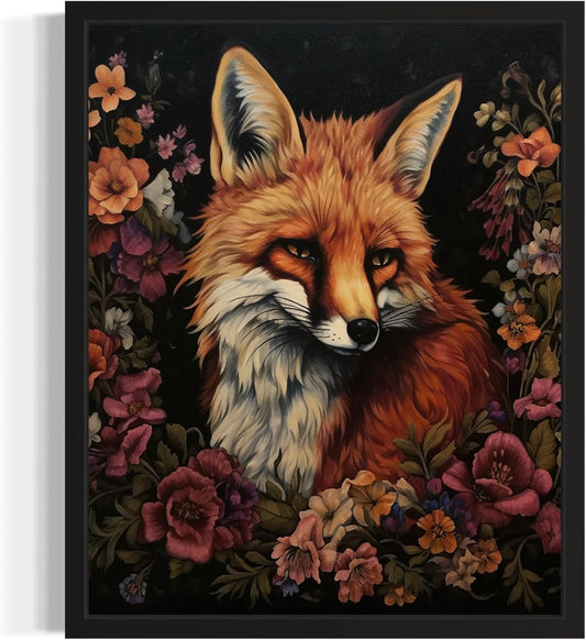 Fox and Flower Poster Art Print, Halloween Scary Vintage Wall Art Academia Spooky Painting Decoration for Horror Prints, Gothic Posters Bedroom Decor 89 (Fox and Flower, 16 x 20 inches, Black Frame)