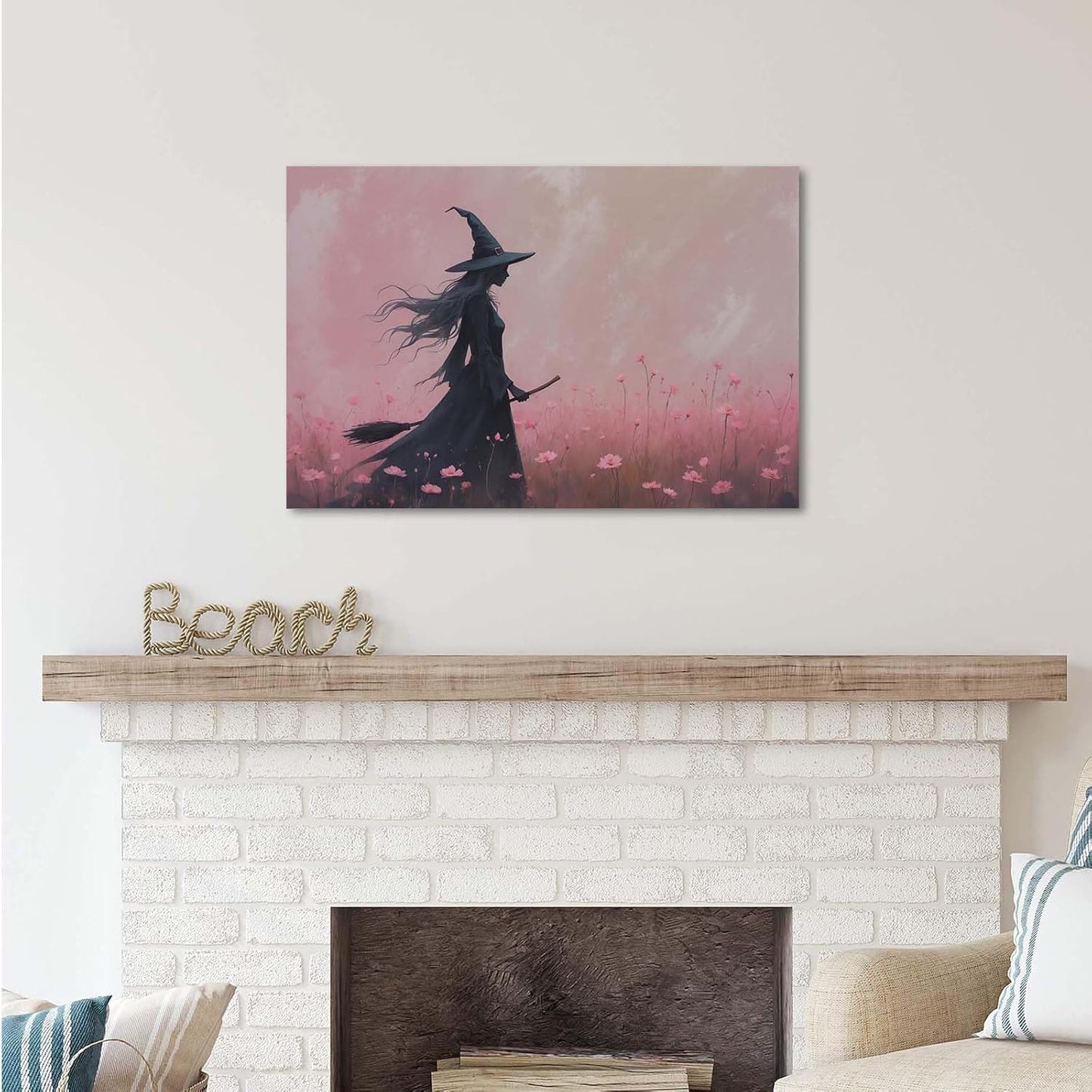Witch in the pink sea of flowers Halloween prints weird flowers wall art silhouette painting fashionable romantic decoration suitable for bedroom16x24in Wood Framed