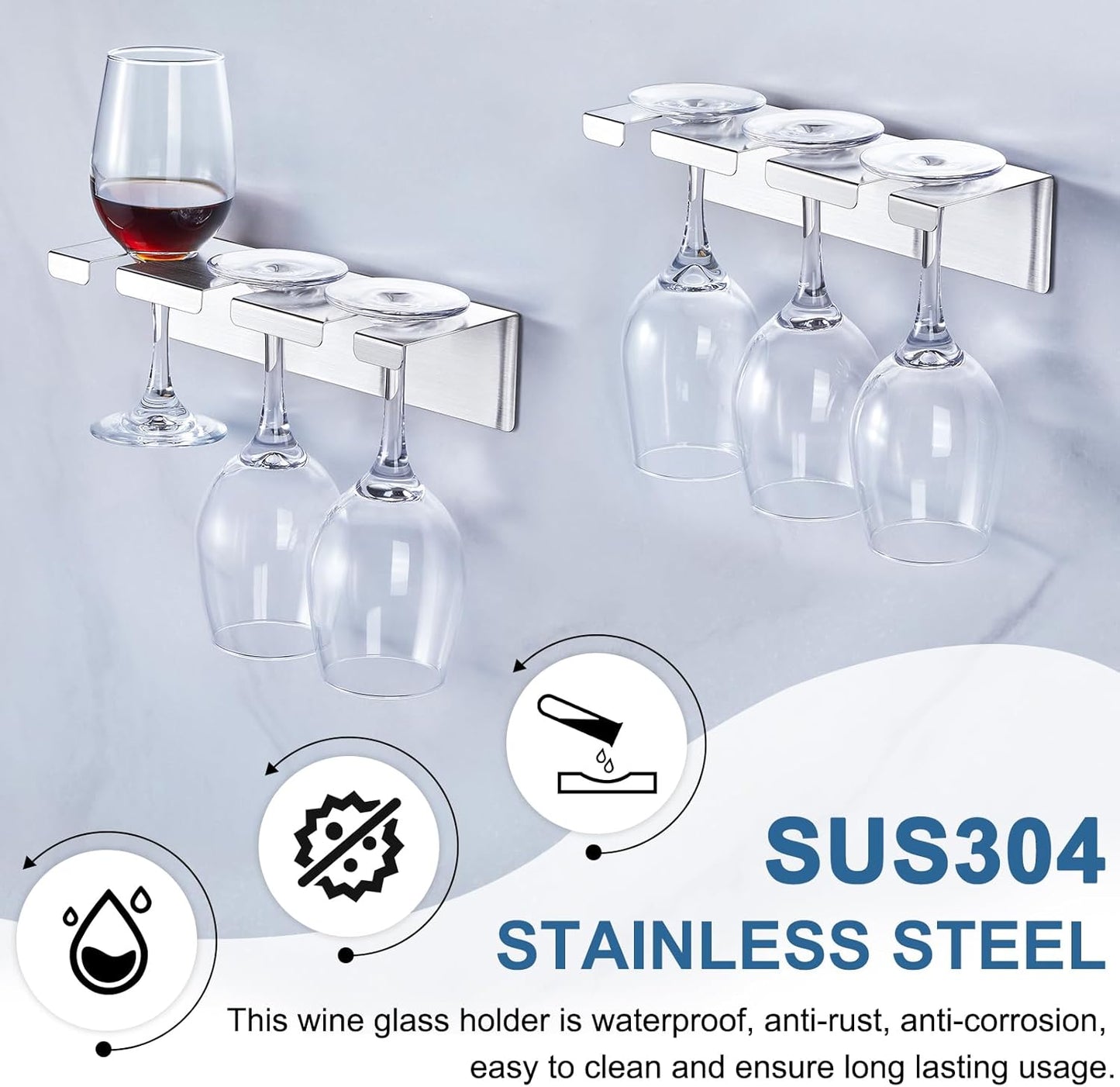 Wine Glass Holder Wine Glass Drying Rack Stainless Steel Hanging Stemware Rack Wall Mounted Adhesive Hanging Wine Glass Organizer Stemware Holder for Bar Restaurant Kitchen 2 Pack