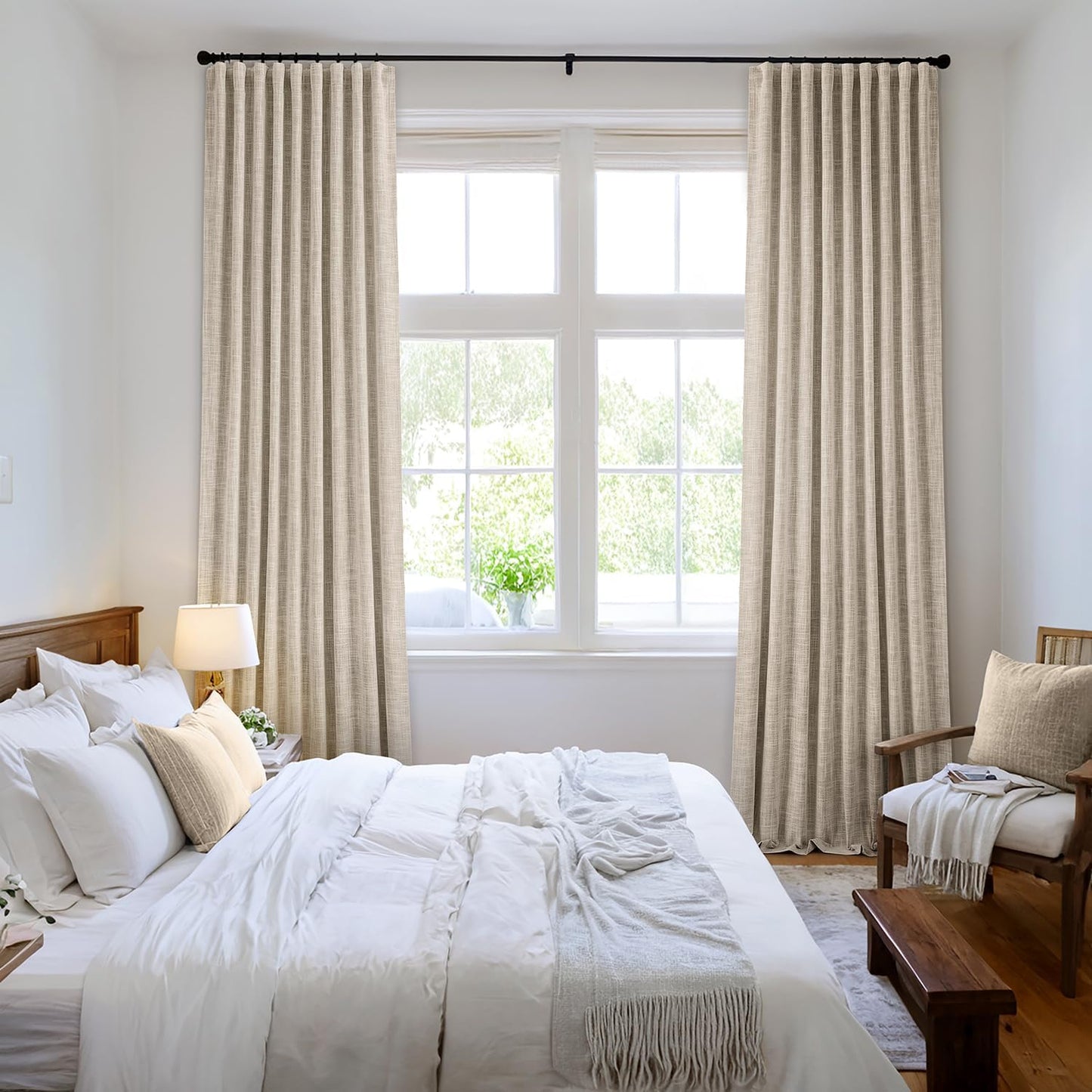 MIULEE Beige 100% Blackout Linen Curtains 102 Inch 2 Panels Set Double Sided No Coating Pinch Pleated Back Tab Floor to Ceiling Black Out Thermal Insulated Bedroom Living Room Darkening Window Drapes