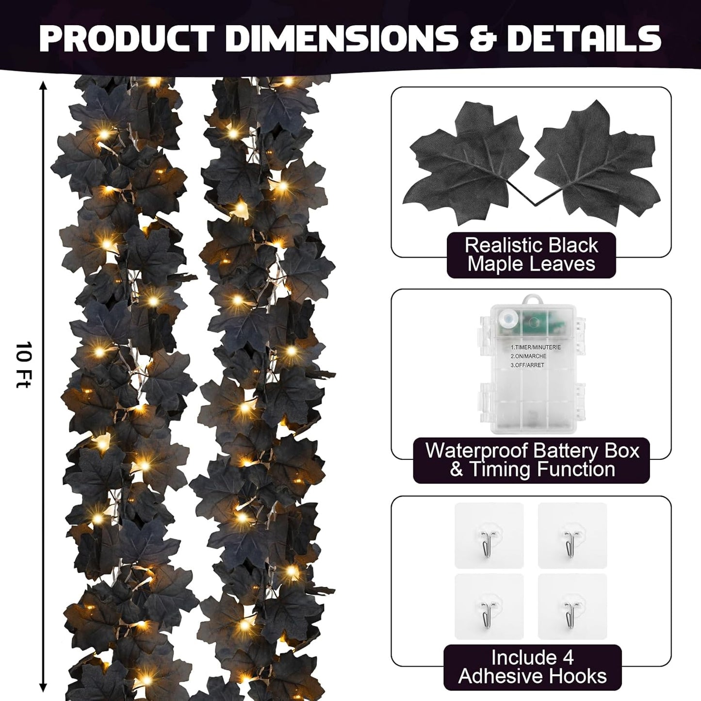 Ouddy Decor 2 Pack Lighted Black Garland Decorations, Total 20 Ft 60 Led Fall Lights Maple Leaves Battery Operated for Indoor Outdoor Thanksgiving Front Door Decor, Warm White