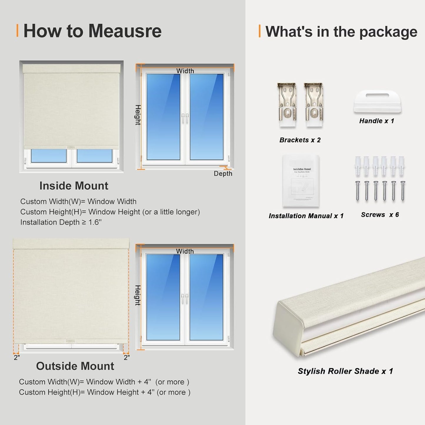 Persilux Blackout Shades for Windows Cordless Roller Blinds, Roller Windows Shades for Home with Fabric Attached Valance, UV Protections Easy Installation for Door/Office, Limestone(50" W x 48" H)