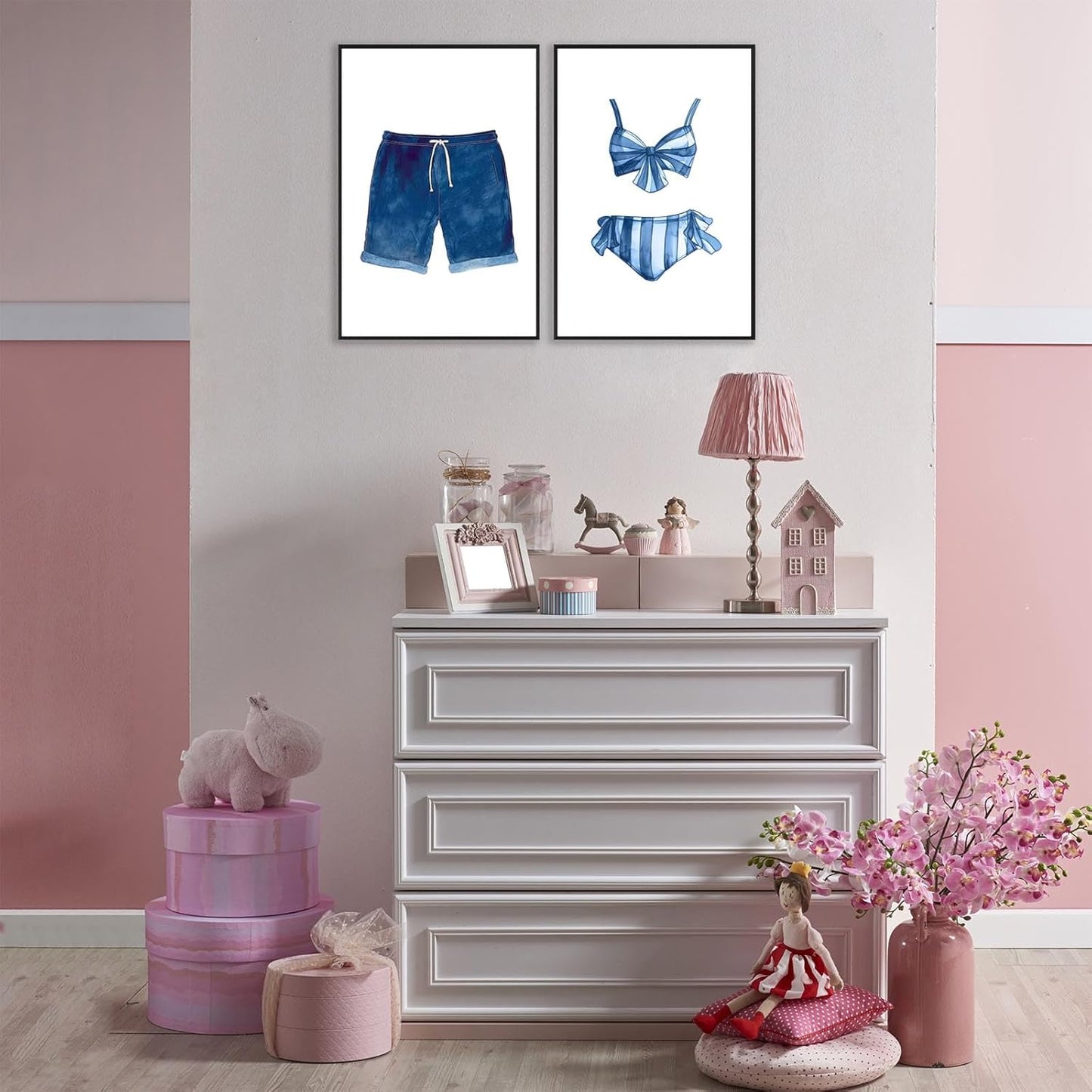 Liyark Set of 2 Retro Navy Blue And White Swimsuit Art Posters Beach Bathing Suit Prints Painting Beach House Wall Art Coastal Wall Decor Pictures For Bathroom Home Decoration 16x24in Framed