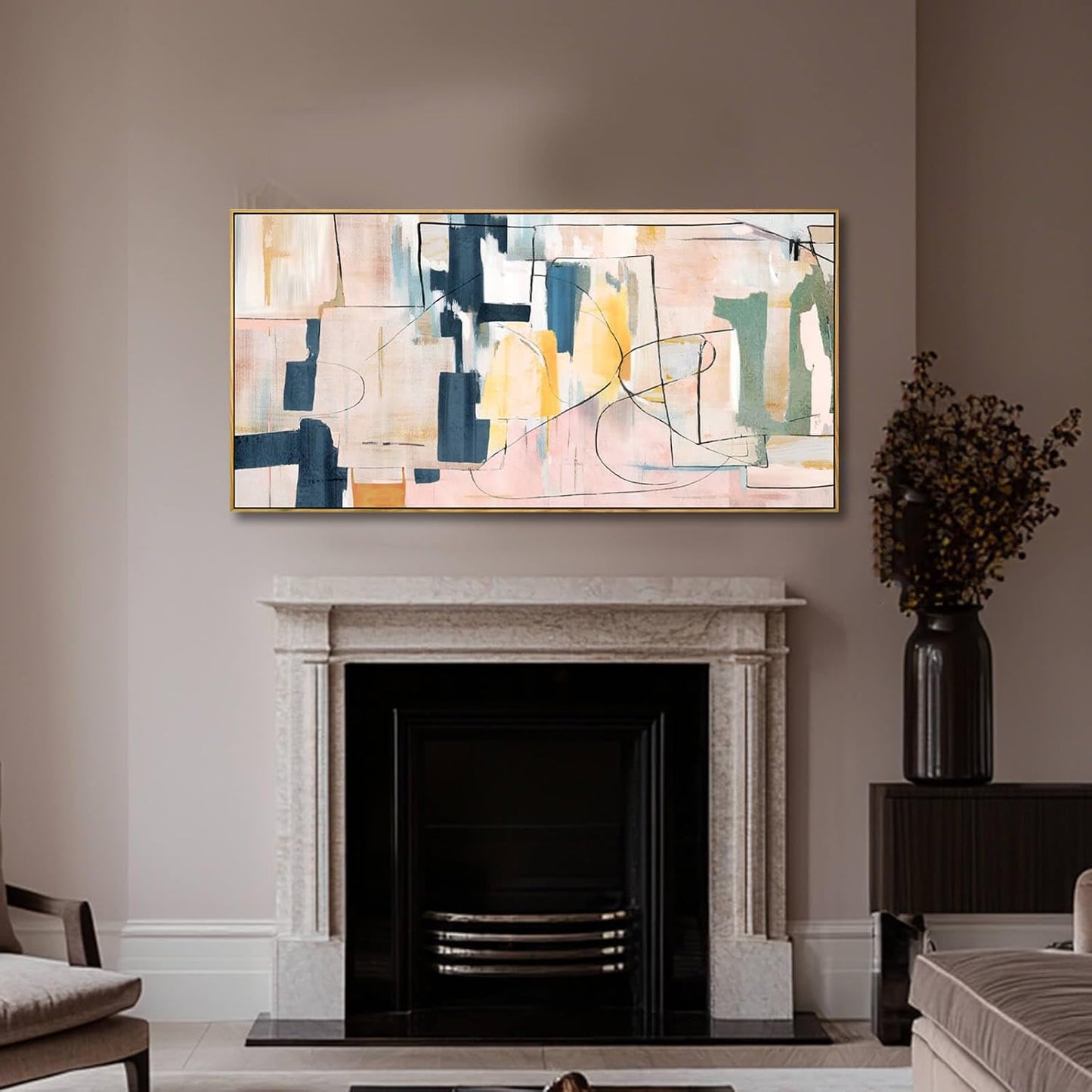 Pink Wall Art Abstract Wall Decorations Navy Blue Artwork Wall Pictures for Living Room Framed Wall Decor 24"x48"