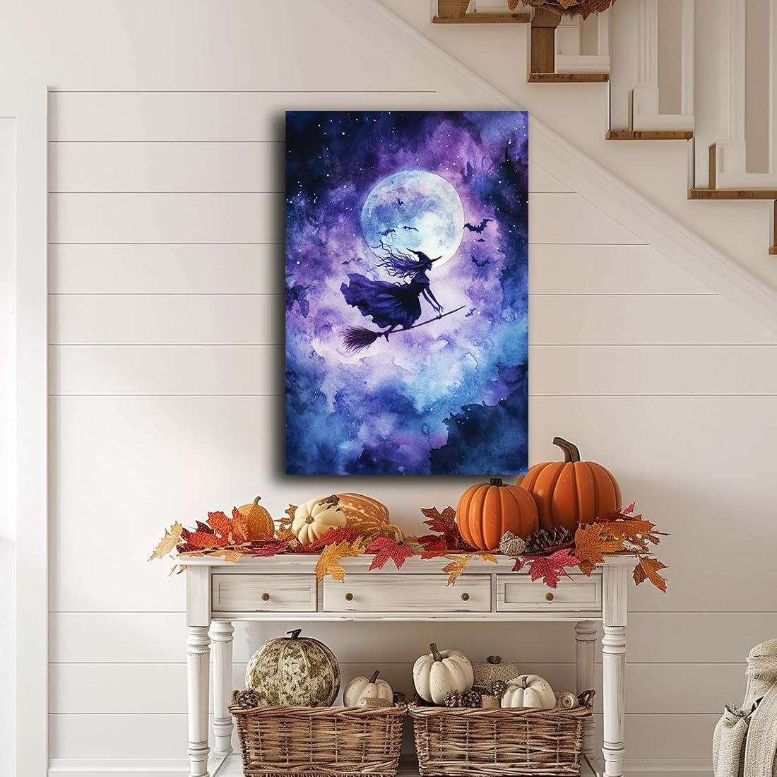 Witch On Broom Flying Wall Art,Gothic Halloween Canvas Wall Art,Victorian Witch Silhouette In Moonlight Broomstick Poster Pictures,Creepy Halloween Purple Night Sky Print,16"x24" Framed