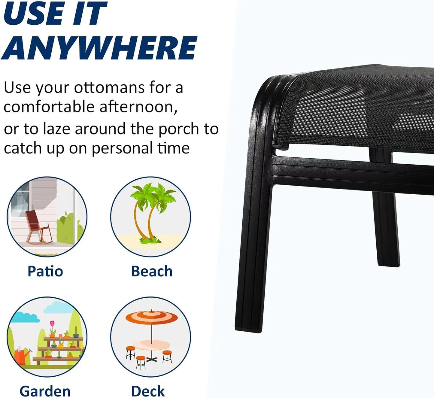 Patio Outdoor Ottoman Assembled Aluminum Footstools Small Seat Side Table Footrest for Balcony, Poolside 2 Set Black