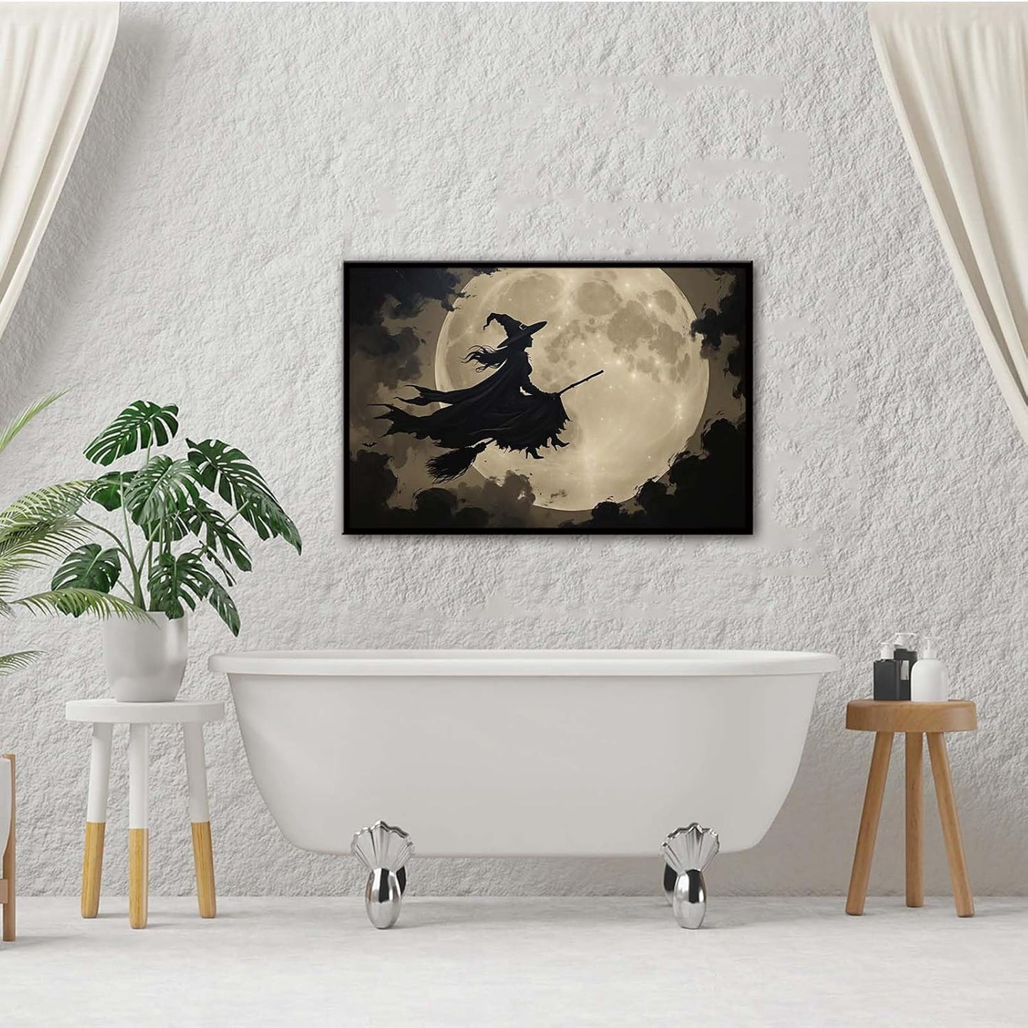 JFHCQJPK Full moon witch silhouette poster witch on magic broom Halloween mural poster decorative mural art suitable for home living room bedroom16x24in Metal blackFramed