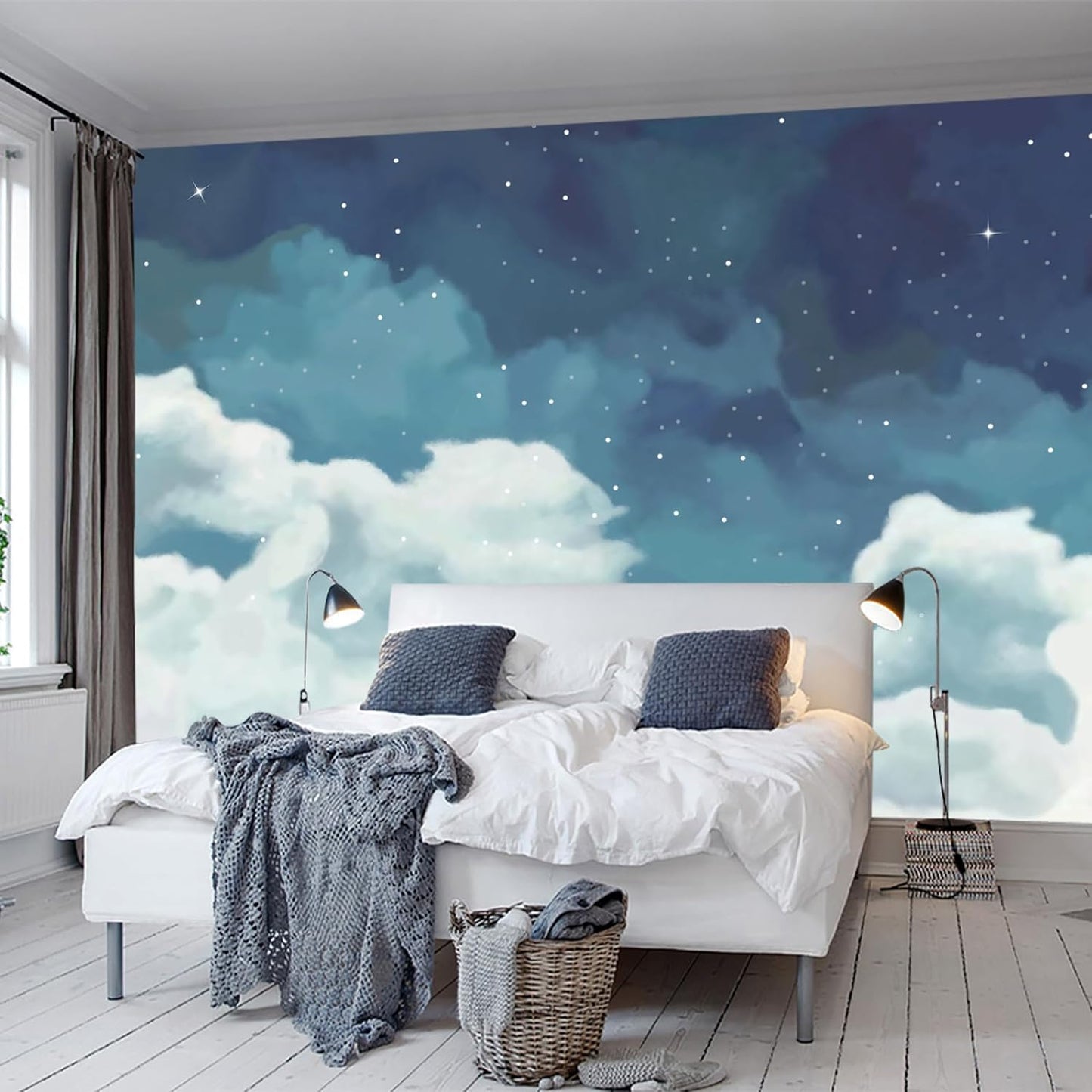 WFBHUA-Vintage Cloud Wallpaper Hand Painted Blue and White Clouds Stars Kids Wall Murals Decor for Bedroom Room(Not Peel and Stick)