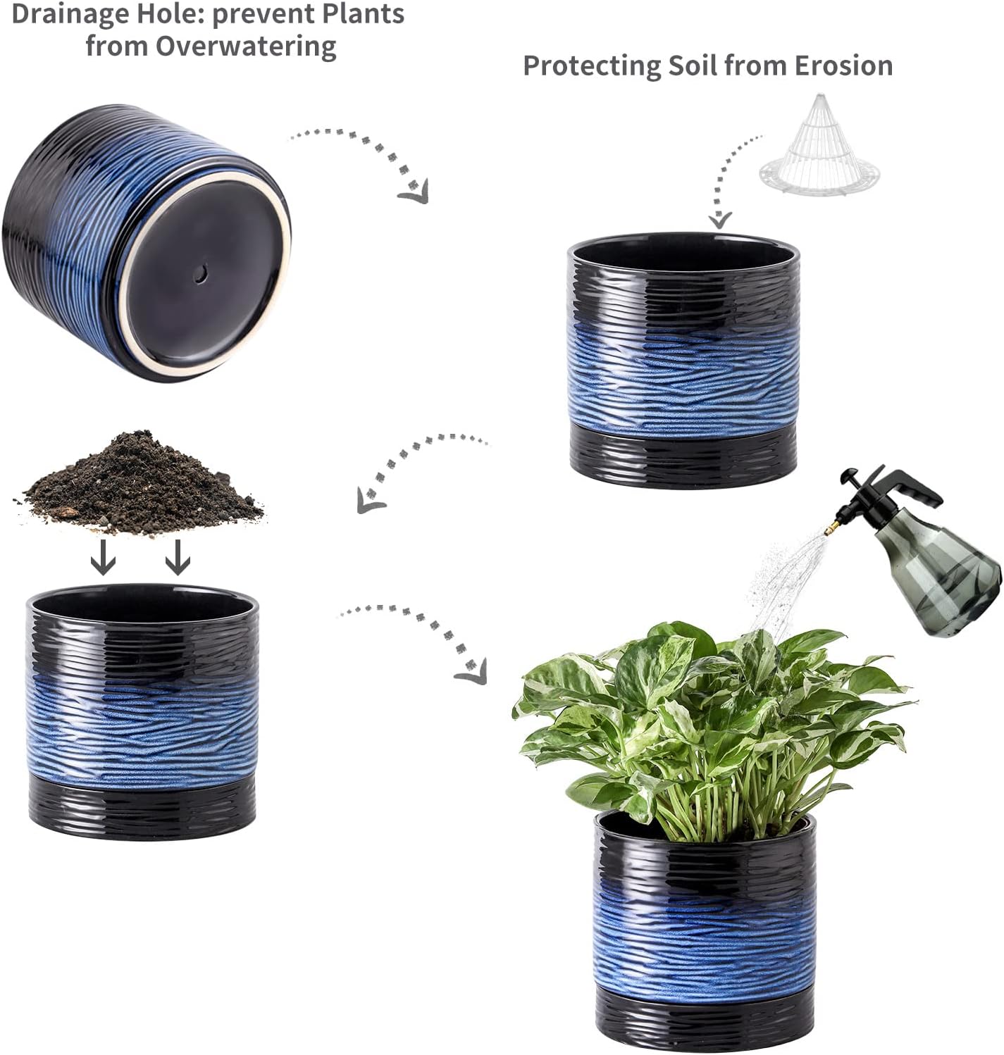 Nihow Ceramic Plant Pot: 6 Inch Planter with Drainage Hole & Saucer for Indoor & Outdoor Plants - Cylinder Round Flower Pot for Succulent/Herbs/Violets - Black & Vivid Blue
