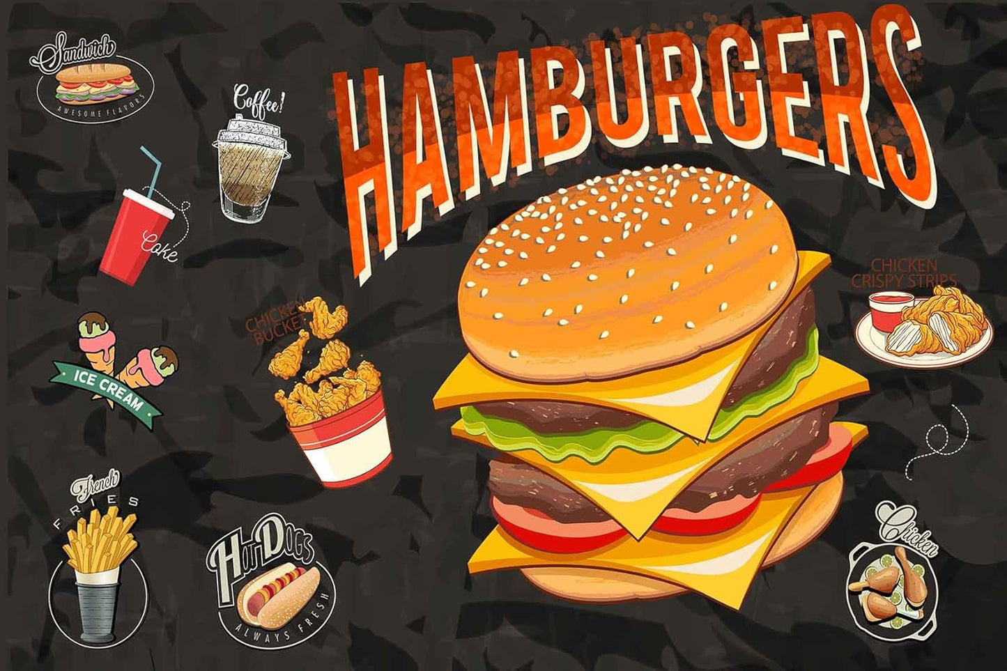 Restaurant or Coffee Shop Fast Food menu King Size Burger Mural for Restaurant Wall Decorations and advertisements（Not Peel and Stick）