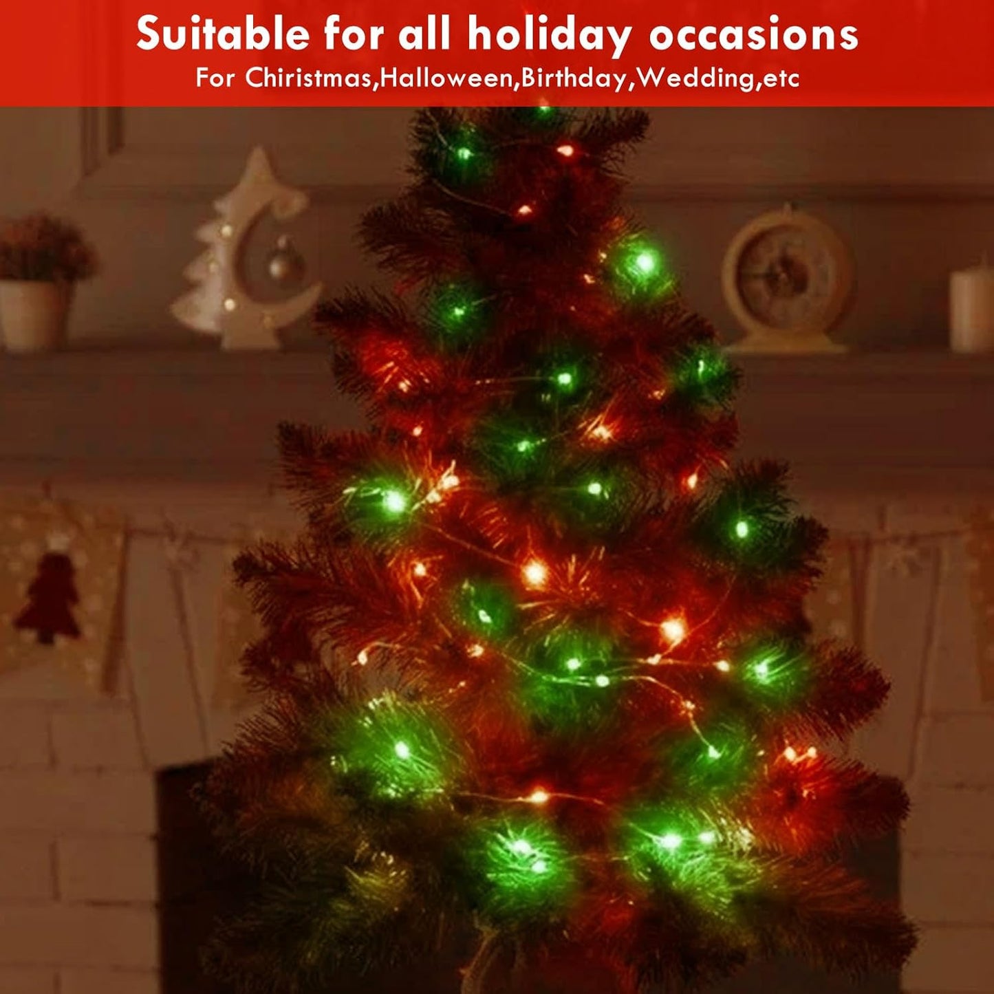 3 Pack Fairy Lights Battery Operated with Remote Control Timer, 26 FT 80 LED String Lights Outdoor Indoor, 8 Mode Twinkle Lights for Christmas Party Wedding Birthday Bedroom Décor (Red and Green)