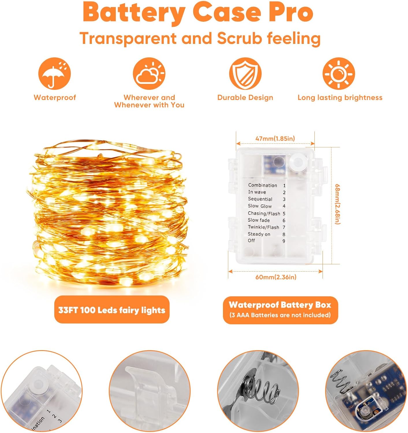 4 Pack 32.8 Ft. Battery Operated Outdoor String Lights with Remote & Timer, LED Warm White Fairy Lights, Waterproof Twinkle Lights for Bedroom, Dorm, Mason Jar, Wedding, Party, Christmas