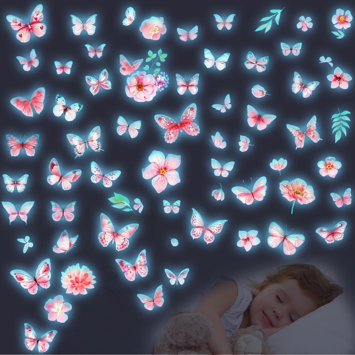 Glow in The Dark Butterfly Flower Wall Decals Glowing Luminous Butterflies Removable Self-Adhesive Wall Stickers for Girls Bedroom Nursery Living Room Decor 4 Sheets (Butterfly 2)