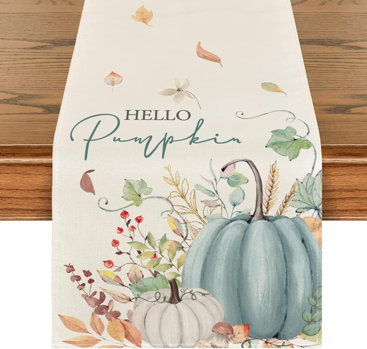 Artoid Mode Aqua Hello Pumpkin Leaves Fall Table Runner, Seasonal Autumn Kitchen Dining Table Decoration for Home Party Decor 13x60 Inch