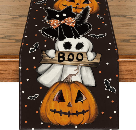 Artoid Mode Polka Dot Ghost Pumpkin Cat Boo Halloween Table Runner, Bat Seasonal Fall Kitchen Dining Table Decoration for Home Party Decor 13x72 Inch