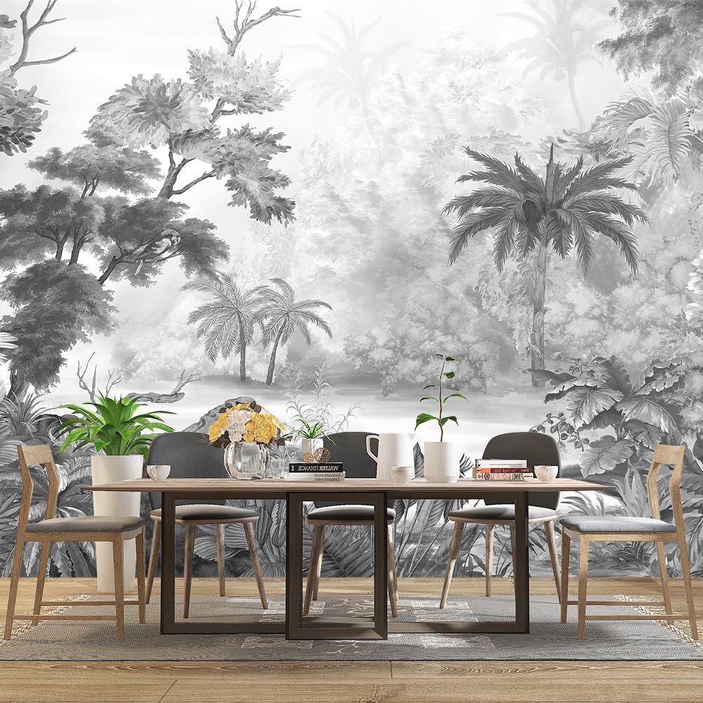 Grey Tropical Rainforest Plant wallpeper Living Room Bedroom Jungle Botanical Wall Mural - 160"x108"（Not Peel and Stick）