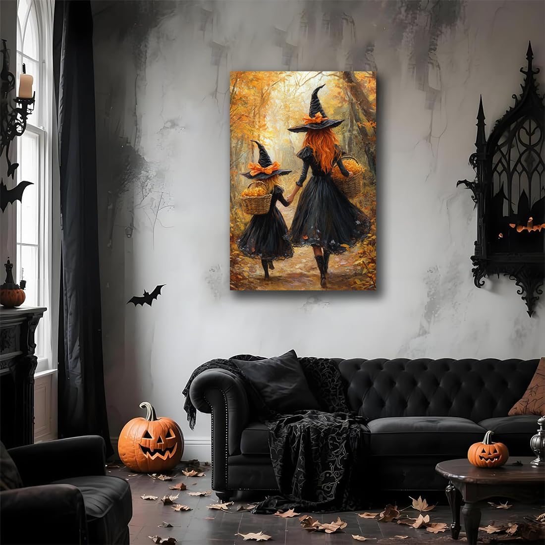 Mother Witch And Child Daughter Witch Wall Art,Halloween Autumn Woodland Forest Path Picture,Family Room Nursery Playroom Kids Room Decor,20"x30" Unframed