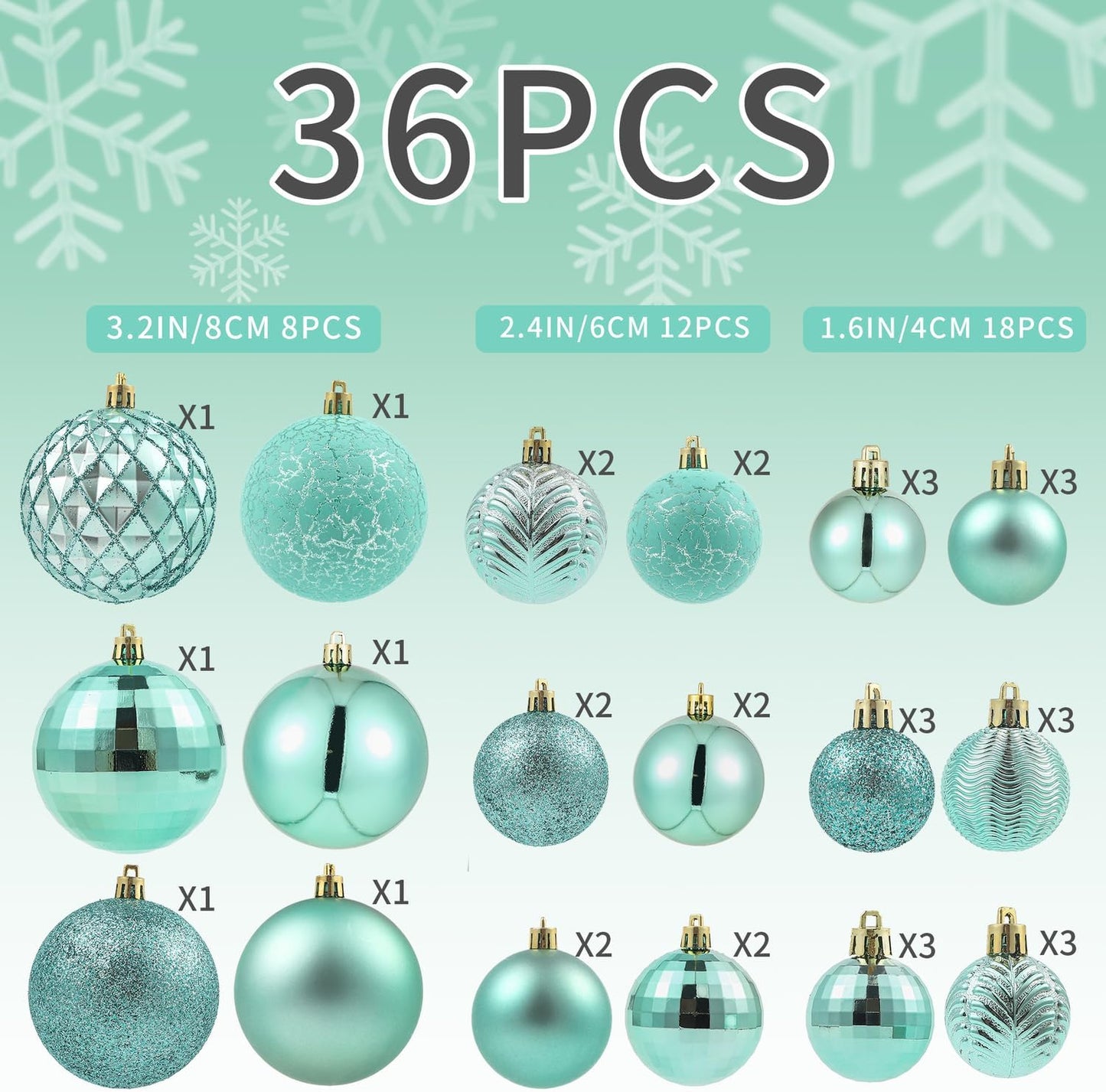LANGXUN 36pcs Peacock Christmas Tree Decorations Balls, Bolas De Navidad, 2025 Christmas Decor, Indoor Outdoor Shatterproof Christmas Ornaments, Xmars Party Wedding Suppiles
