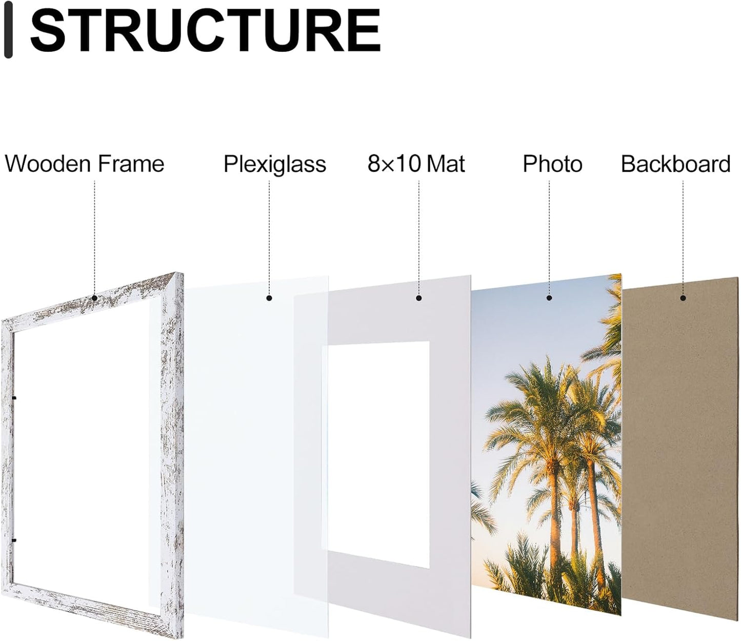 Vittanly 11x14 Picture Frames Set of 9, Shatter Resistant Plexiglass, Display 8x10 Pictures with Mat or 11x14 without Mat, Photo Frames for Wall or Tabletop, Engineered Wood, Distressed White
