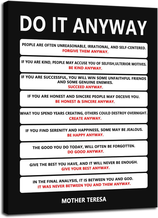 Inspirational Poster Motivational Wall Art Do It Anyway Mother Teresa Quote Canvas Prints Artwork for Office Living Room Modern Home Decor Painting Pictures Stretched and Framed [30''Wx 40''H]