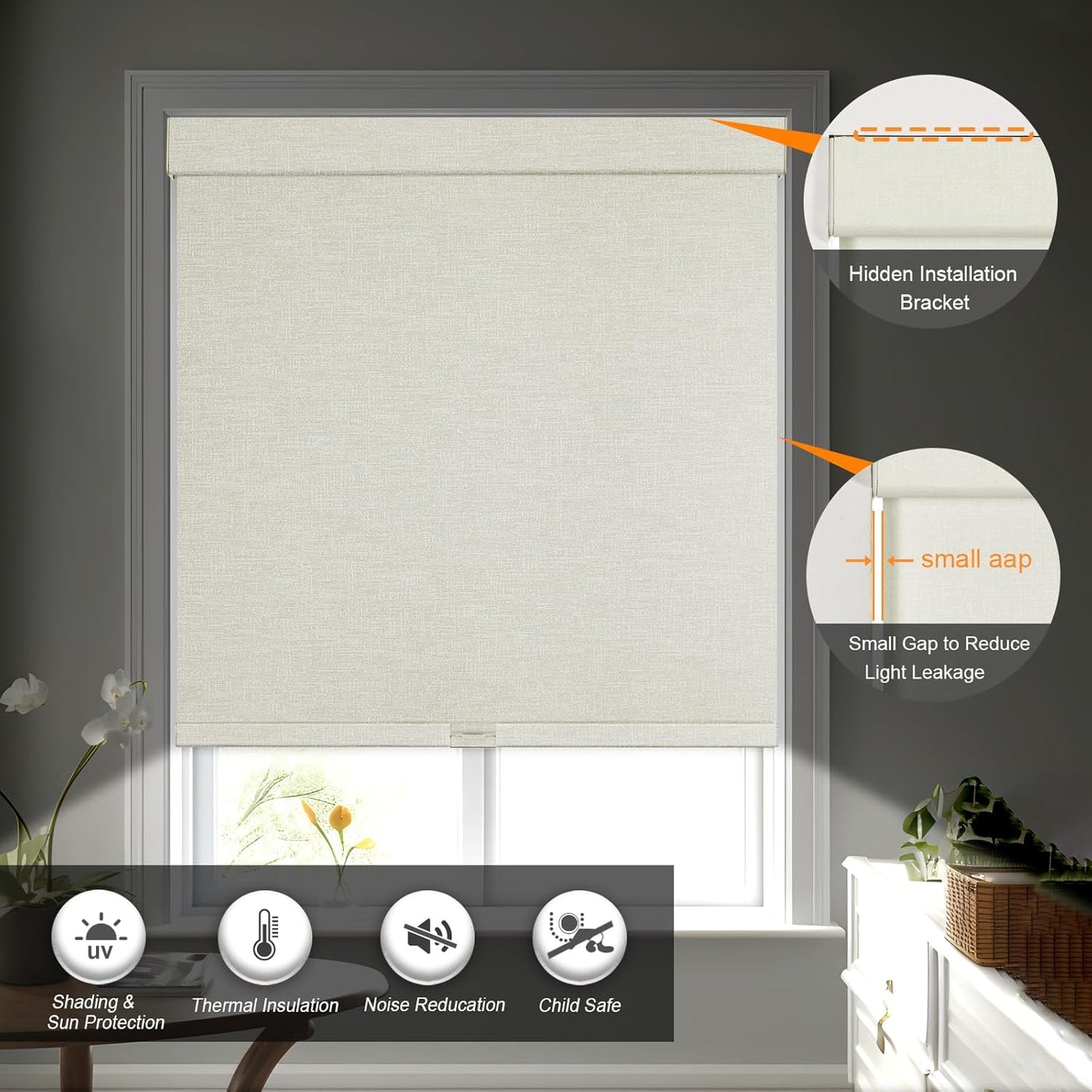 Persilux Blackout Shades for Windows Cordless Roller Blinds, Roller Windows Shades for Home with Fabric Attached Valance, UV Protections Easy Installation for Door/Office, Limestone(85" W x 56" H)