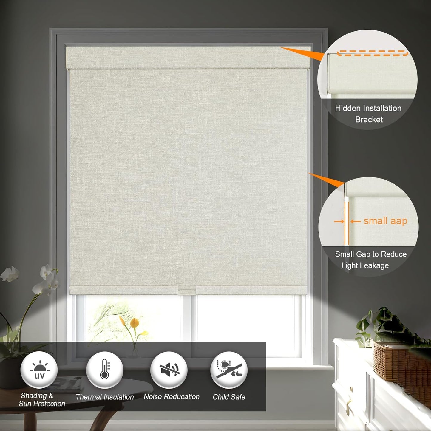 Persilux Blackout Shades for Windows Cordless Roller Blinds, Roller Windows Shades for Home with Fabric Attached Valance, UV Protections Easy Installation for Door/Office, Limestone(58.5" W x 72" H)