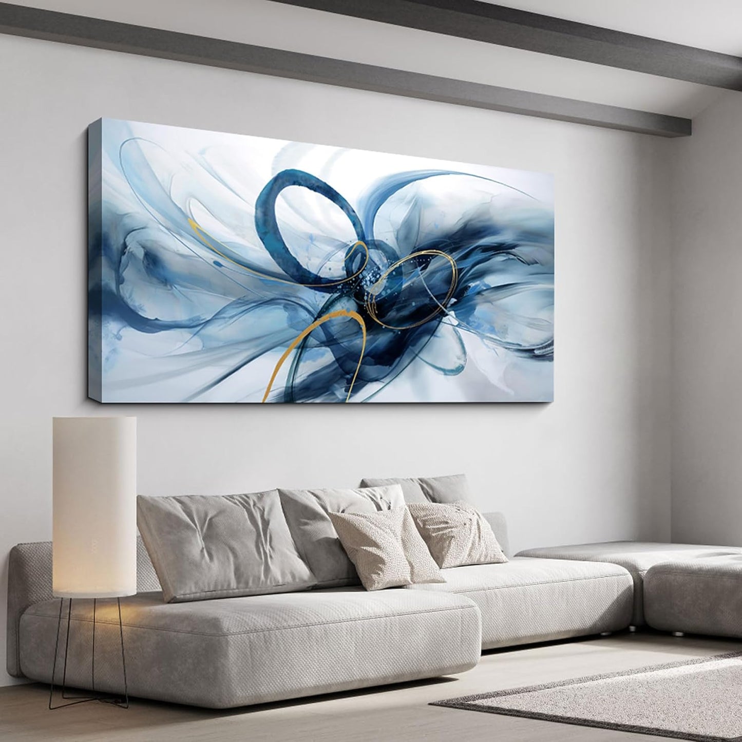 XLSJERST Extra Large Canvas Wall Art - Modern Abstract Abstract Wall Art for Living Room Wall Decor Blue and White Picture Artwork for Living Room Office Bedroom Home Decoration