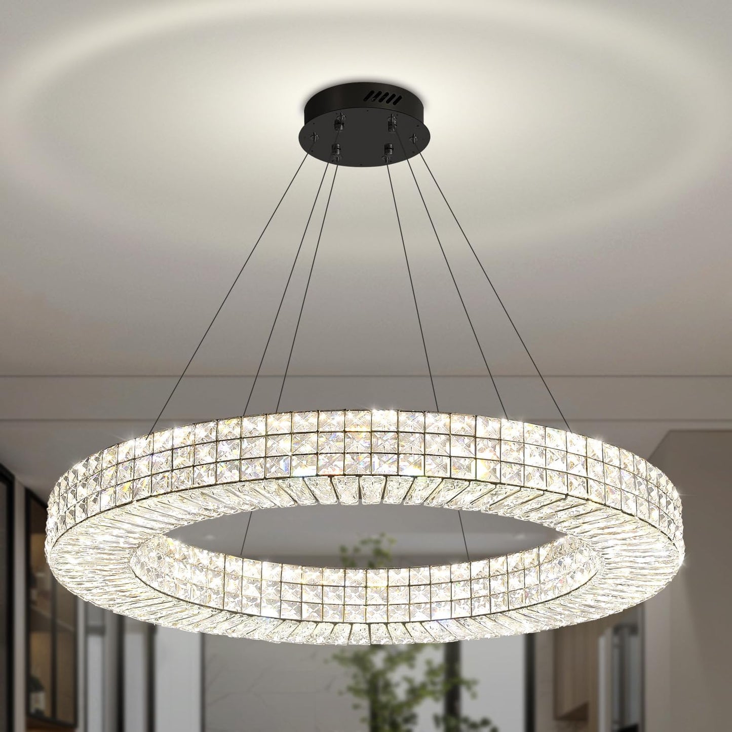 Dia 40" Modern Chandelier Ring Crystal Chandelier Adjustable Height Luxury Crystal Pendant Ceiling Light Fixture for Dining Living Room Bedroom