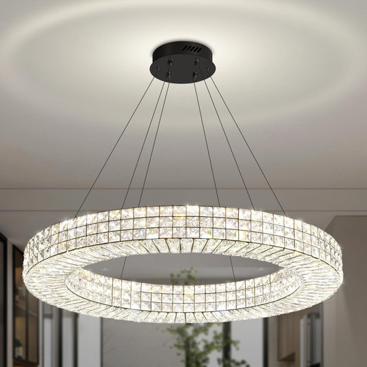 Dia 40" Modern Chandelier Ring Crystal Chandelier Adjustable Height Luxury Crystal Pendant Ceiling Light Fixture for Dining Living Room Bedroom