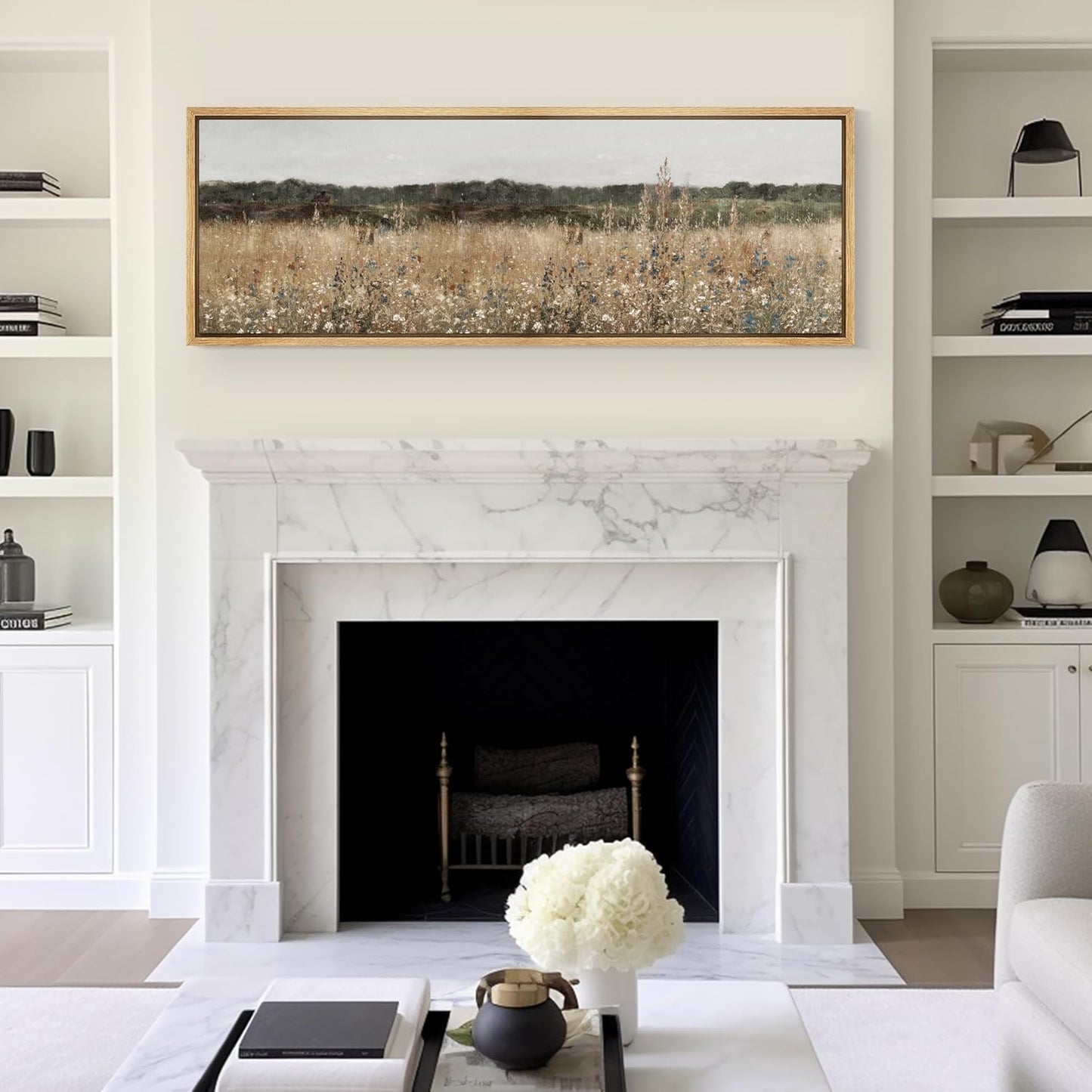 MUDECOR Large Framed Canvas Print Wall Art Misty Morning Meadow with Wildflowers Antique Retro Fine Art Illustrations Decorative Colorful for Bedroom - 60"x20"