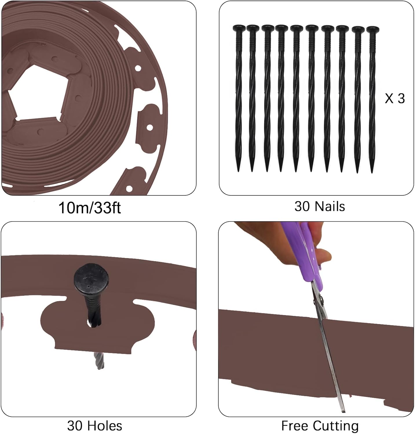 Landscape Edging 33FT, 2in Tall Garden Edging with 30pcs Anchoring Spikes Flexible Edging for Landscaping, Lawn Edging, Paver, Flower Bed Edging Borders, Brown