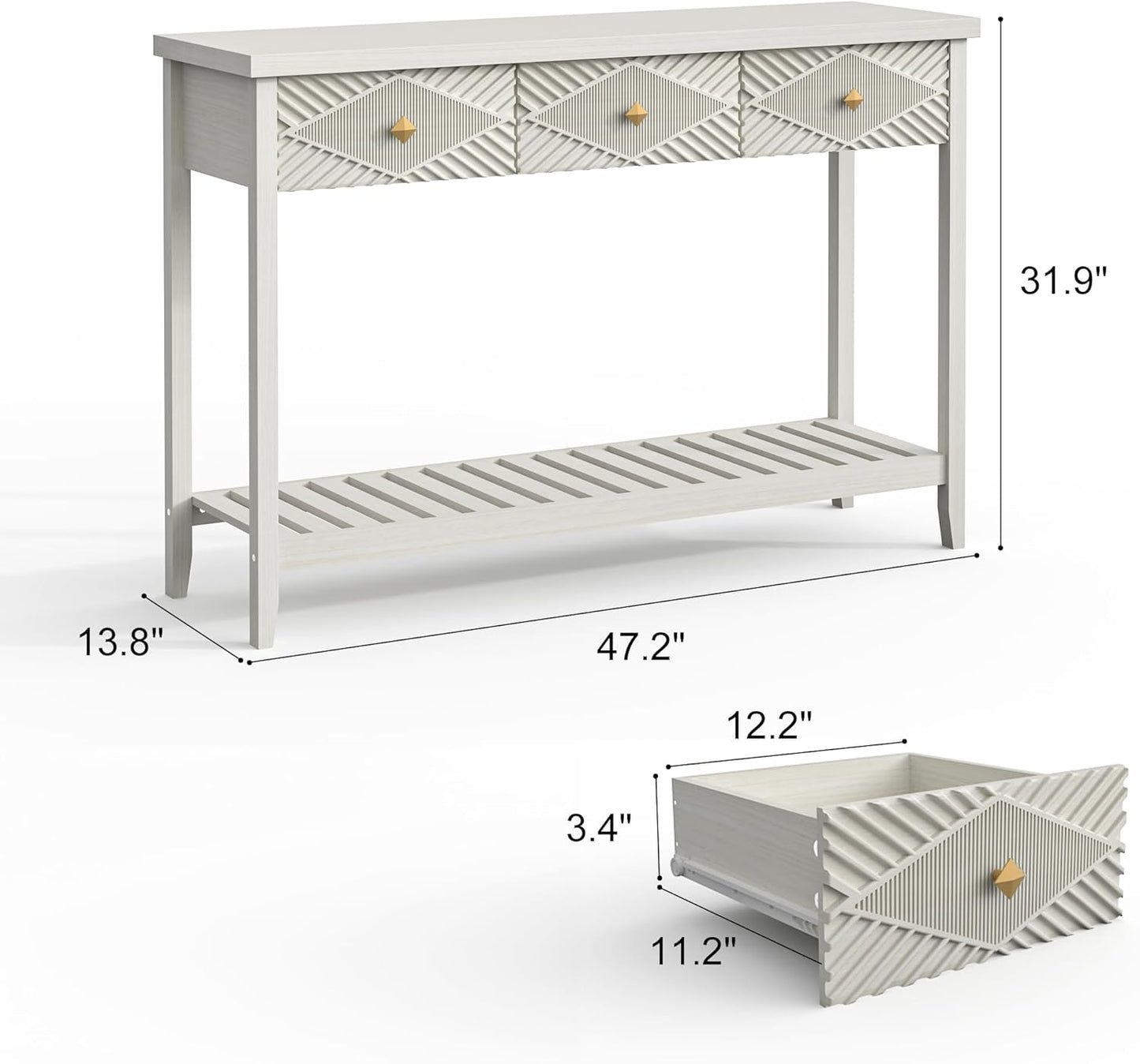 47" Fluted Console Table with 3 Drawers, Narrow Long Entryway Table with Storage Shelf, Sofa Tables for Entryway, Living Room, Behind Couch, Foyer, Hallway, Office (Beige)