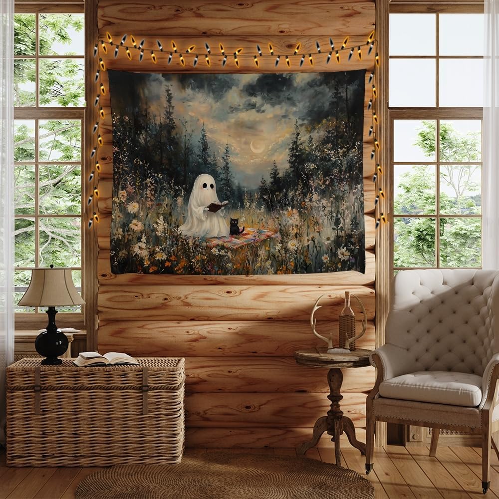 Halloween Ghost and Black Cat Tapestry Wall Hanging Spooky Ghos Reading Book in Wildflowers Wall Decor Halloween Witchy Room Aesthetic Tapestries for Goth Living Room Bedroom Decoration 50x60inch