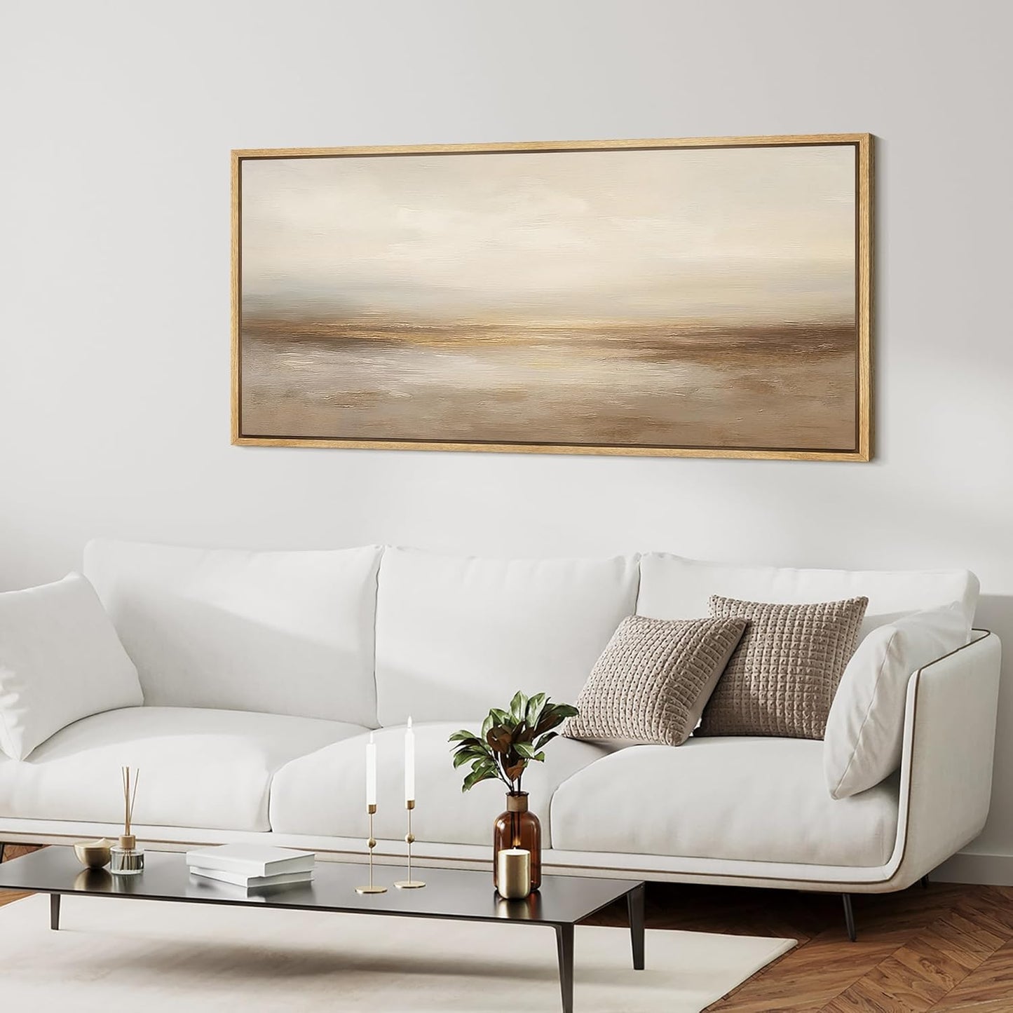 MUDECOR Extra Larg Framed Canvas Print Wall Art Neutral Beige Horizon Abstract Modern Minimalist Landscape Illustrations Decorative Colorful for Bedroom - 60"x30"