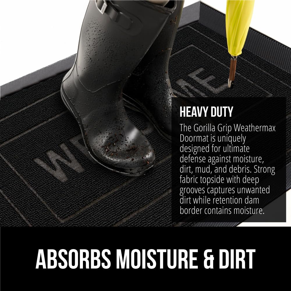 GORILLA GRIP 100% Waterproof All-Season WeatherMax Doormat, US Designed Natural Rubber, Stain and Fade Resistant, Low Profile Indoor Outdoor Door Mats, Easy Clean Patio Mat, 17x29, Black Welcome