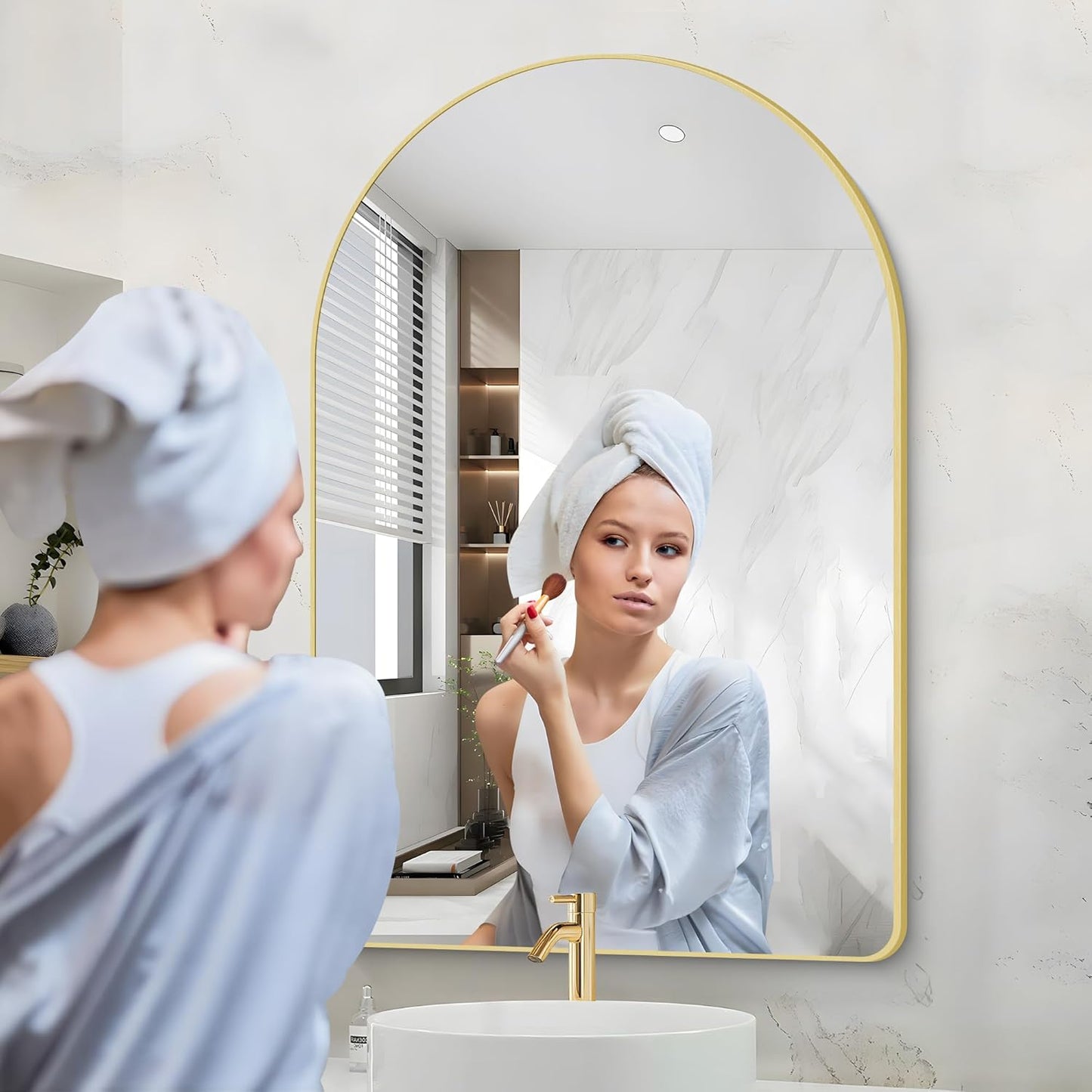 Arched Bathroom Mirror, 24"x36" Gold Arched Mirror for Bathroom, Wall Mounted Mirror, Gold Vanity Wall Mirror w/Metal Frame for Bedroom, Entryway, Living Room, Vertically Hanging