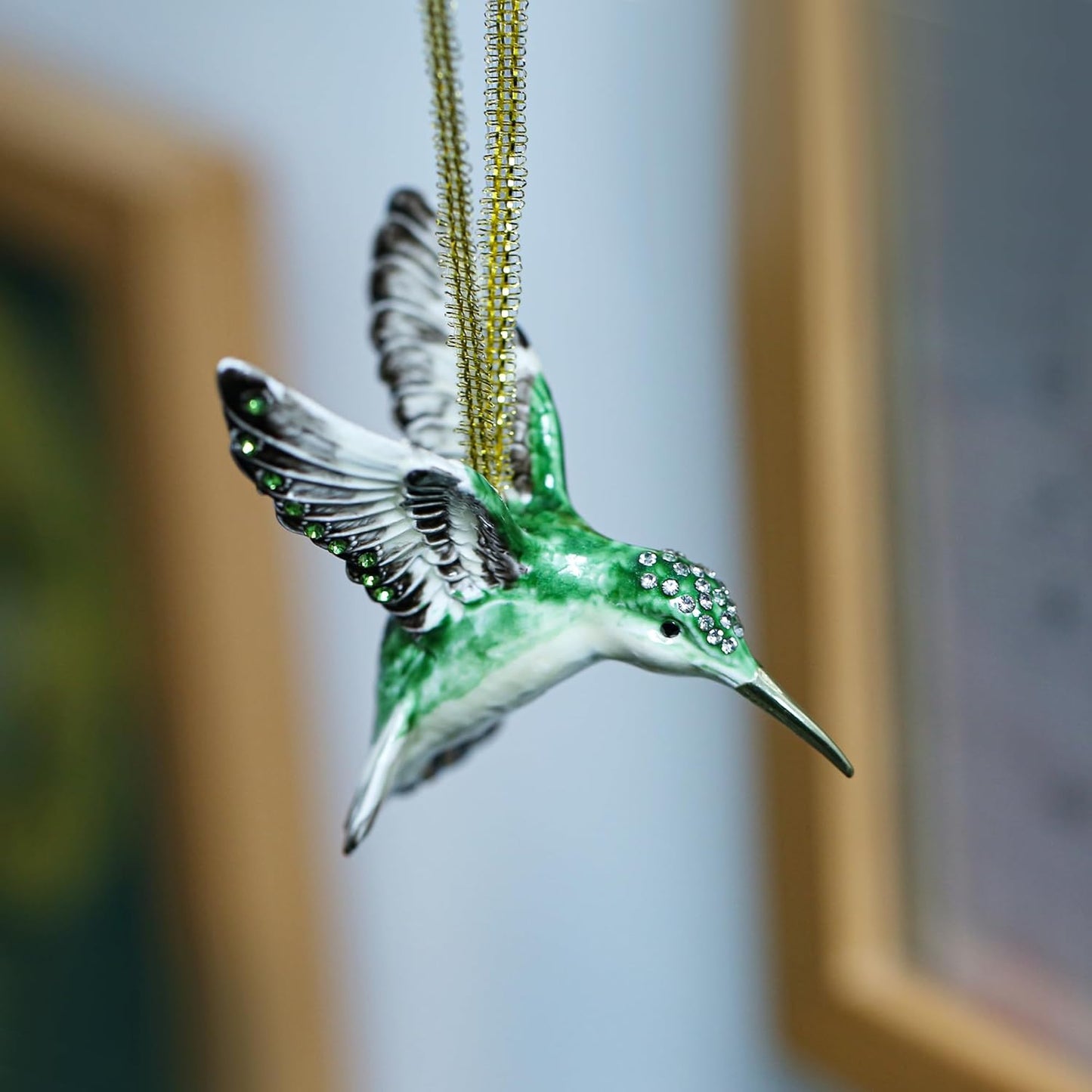 Hand Painted Enamel Hanging Hummingbird Ornament, Elegant Decorative Hanging Ornaments, Christmas Figurine Collectible Keepsake Home Decor, for Christmas Tree, Windows, Satin Ribbon (Hummingbird)