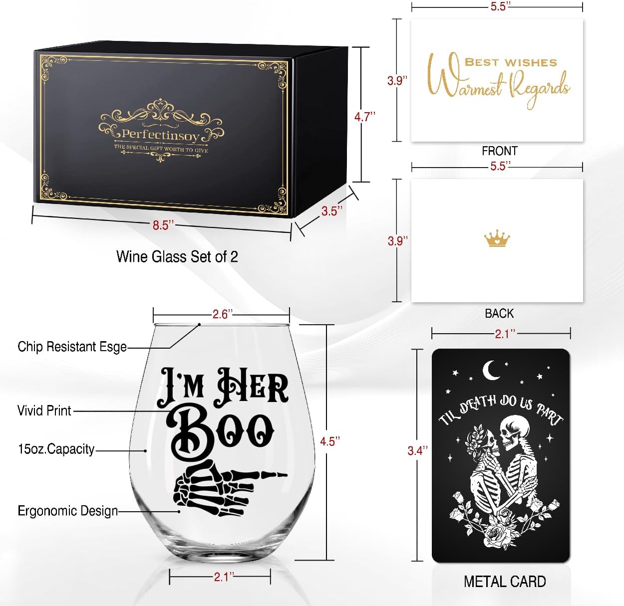 Perfectinsoy Skull Wine Glass 2 Piece with Gift Box, Zombie Design, Valentine's Day Autumn Halloween, Anniversary Wedding Gifts, Couple Gifts for Boyfriend and Girlfriend. (Her His Set of 2)