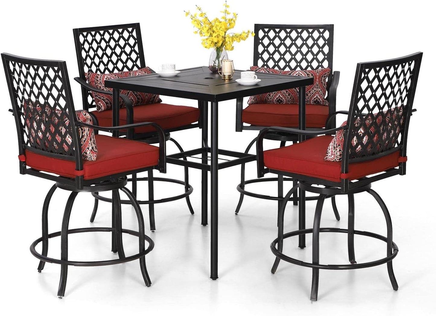 PHI VILLA 5 Piece Patio Bar Hight Dining Set for 4, Outdoor Bar Set with 4 Swivel Cushioned Bar Stools and 1 Square Metal Bar Table(1.9" Umbrella Hole) for Lawn Garden