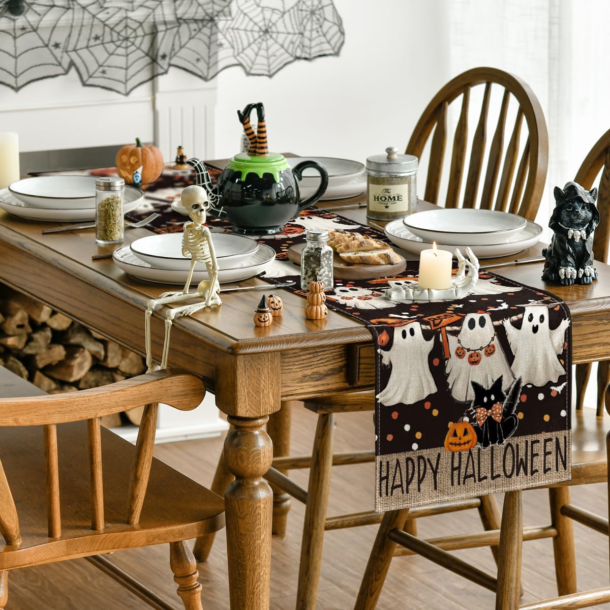 Artoid Mode Ghost Jack-O'-Lantern Black Cat Halloween Table Runner,Holiday Kitchen Dining Table Decoration for Home Party Decor 13 x 60 Inch