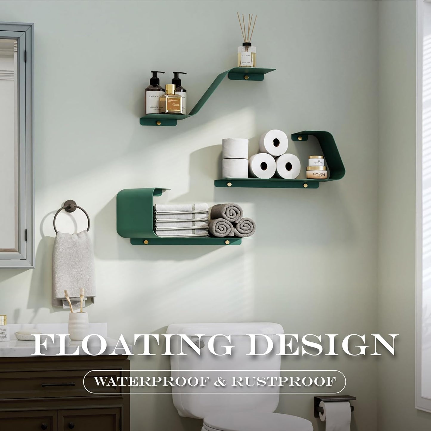 Floating Shelves, Wall Shelf, Set of 3 Wall Mounted Metal Shelves with Unique Design for Wall Storage, Book Shelf, Display Shelves for Bathroom Bedroom Kitchen Living Room for Home Green