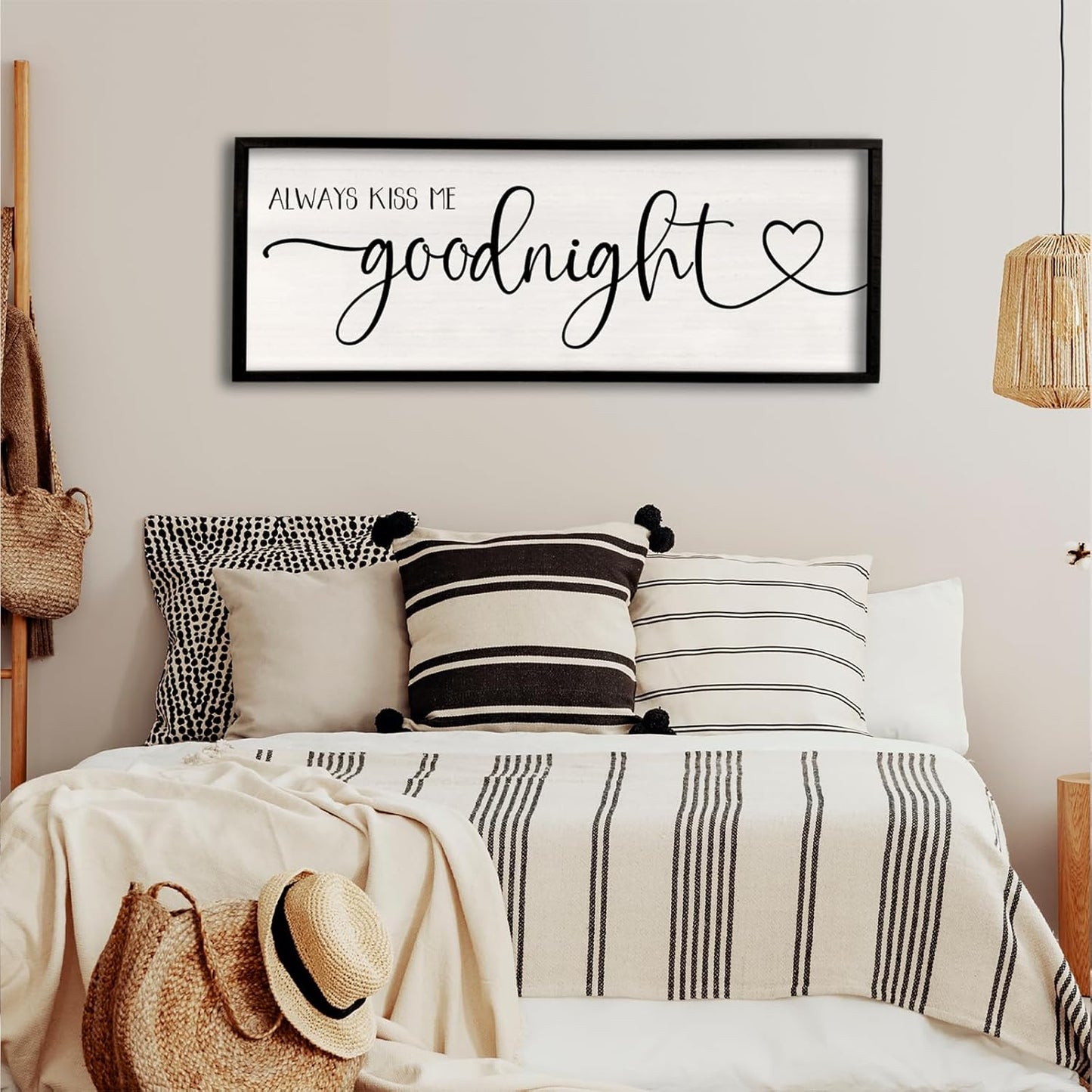 flowtorely Always Kiss Me Goodnight Wall Sign For Master Bedroom Above Bed Wall Decor 40''×15'' Large Rustic Solid Wood Frame For Farmhouse Couples Above bed Wall Art Decoration (Black)