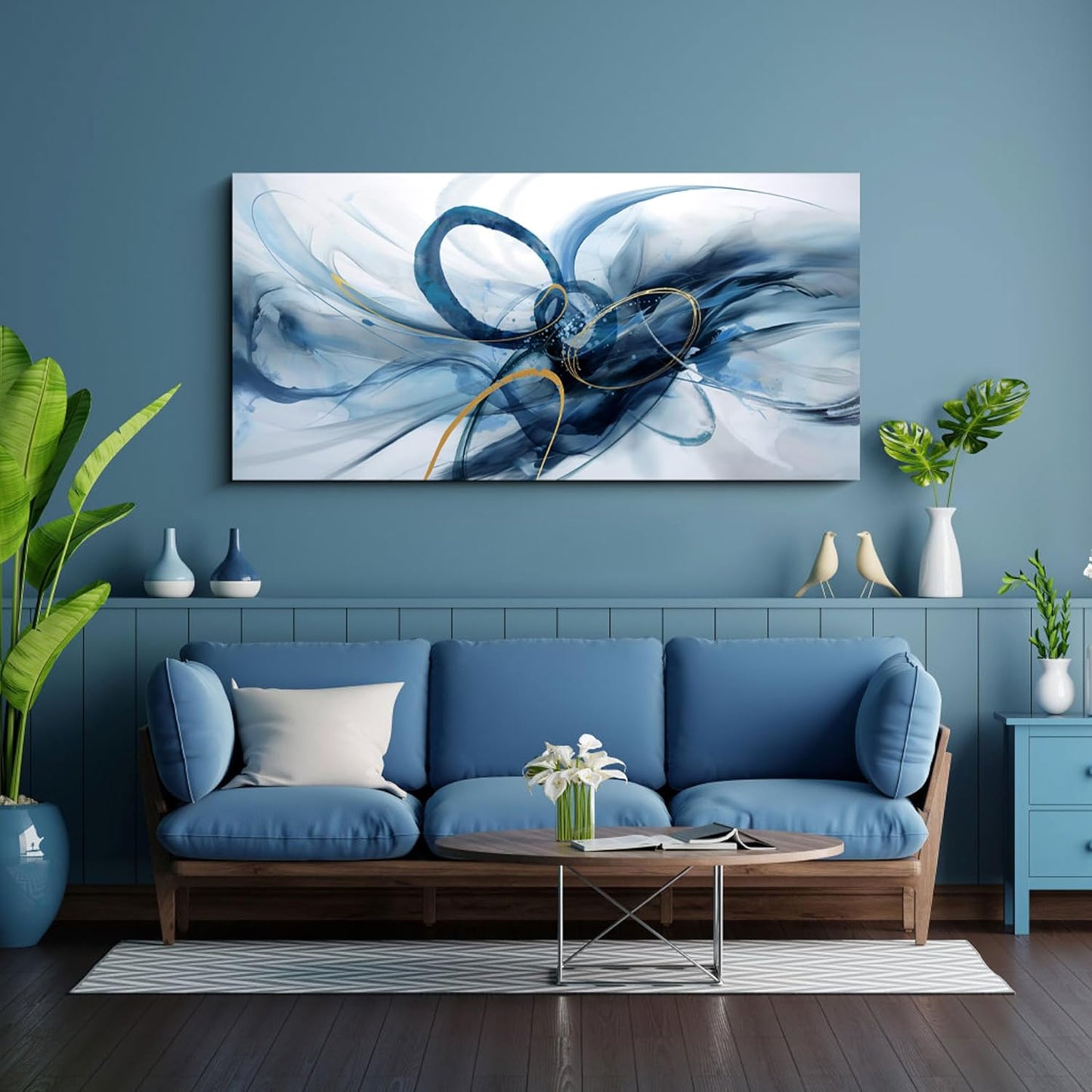XLSJERST Abstract Wall Decor Living Room - Modern Canvas Wall Art Blue and White Picture Artwork for Office Bedroom Home Decoration