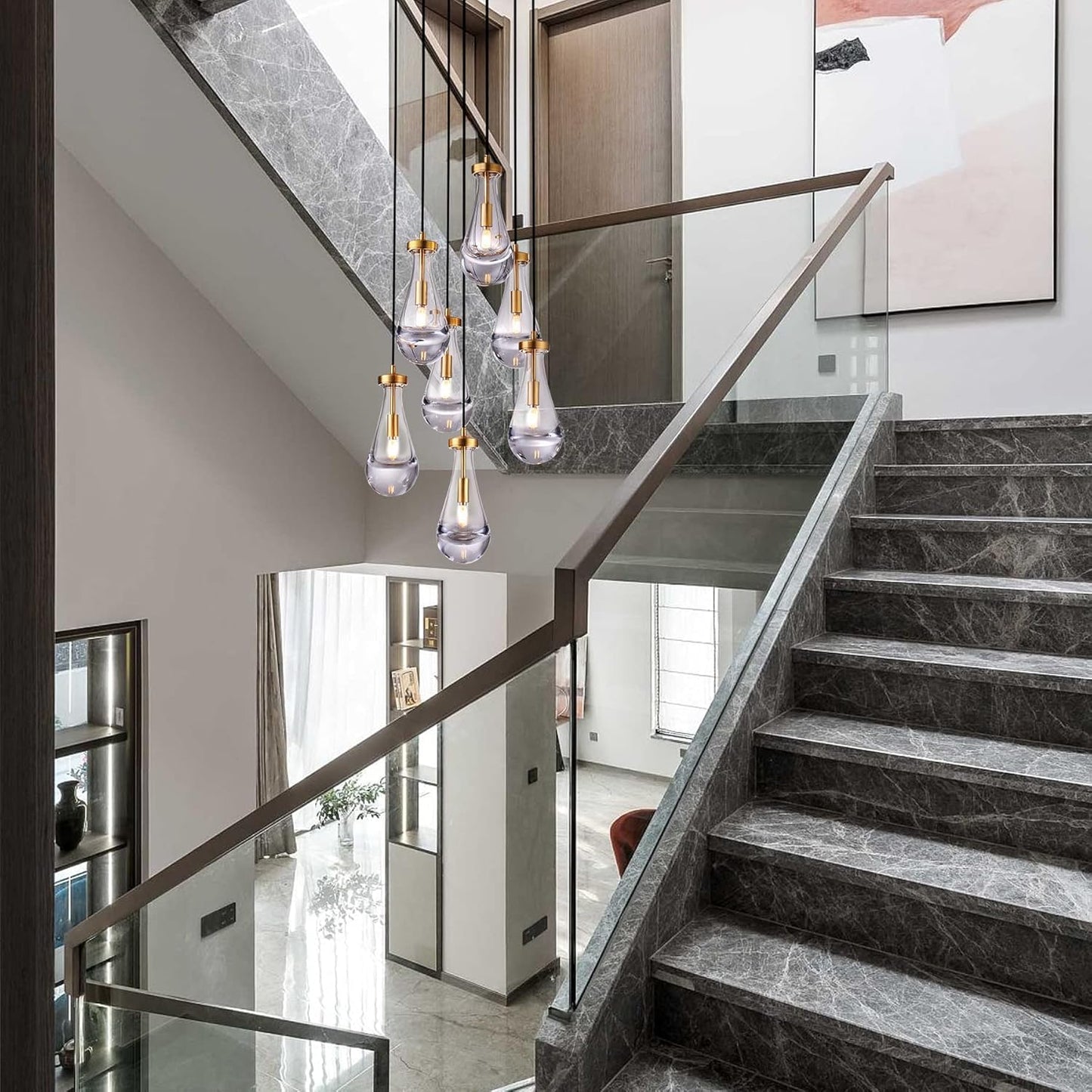 7 Light Raindrop Chandeliers, Brass Teardrop Cluster Pendant Lights Kitchen Island, Gold Dining Room Chandeliers Over Table Hanging Pendant Lighting for High Ceiling, Entryway Staircase