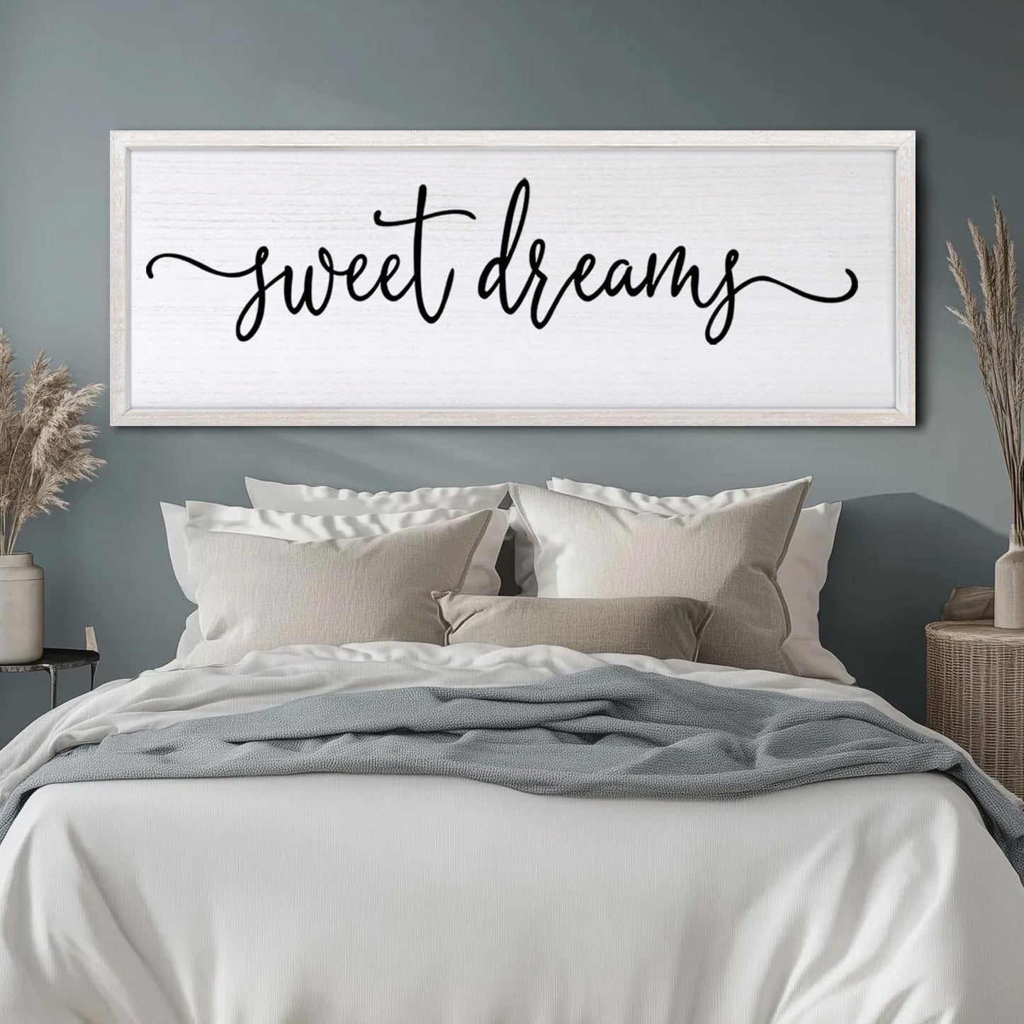 Sweet Dreams Over Bed Wall Decor 32"×12" for Master Bedroom Above Bed Wood Framed Wall Art Sign (White)