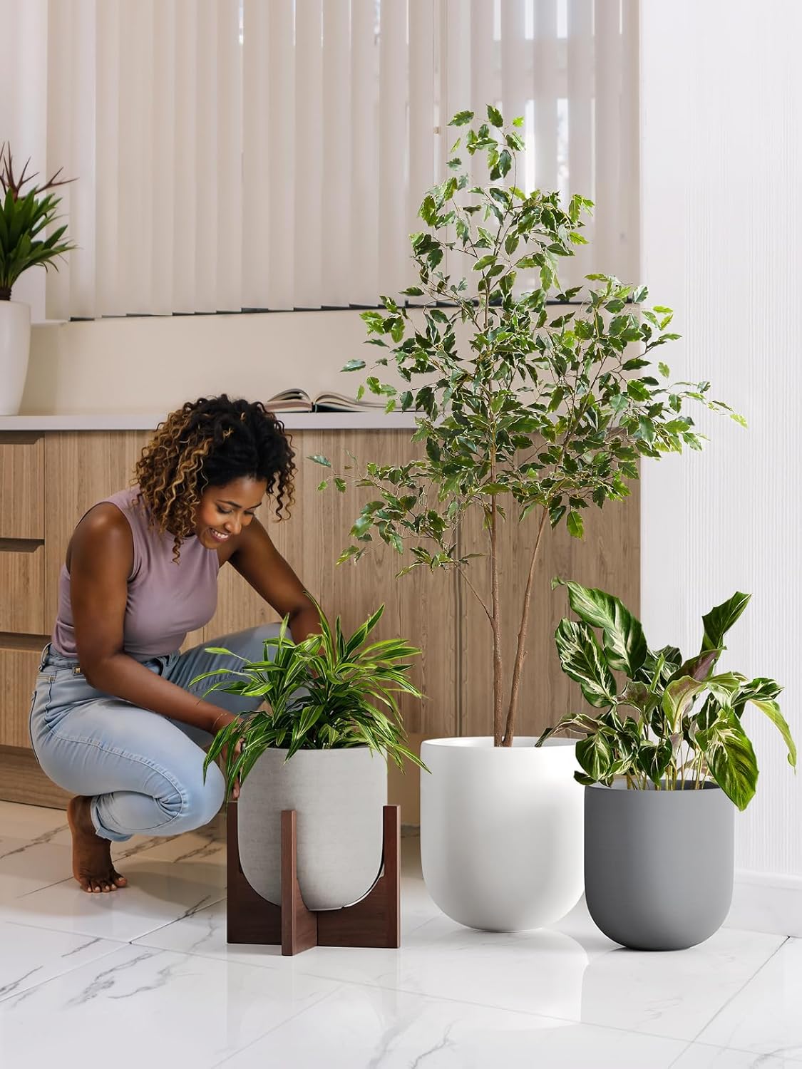 LE TAUCI 10 Inch Plant Pot, Ceramic Pots for Plants with Drainage Hole and Rubber Plug, Plant Pots Indoor for Home Garden Patio Office, Cylinder Flower Planter Pot, Neutral Gray