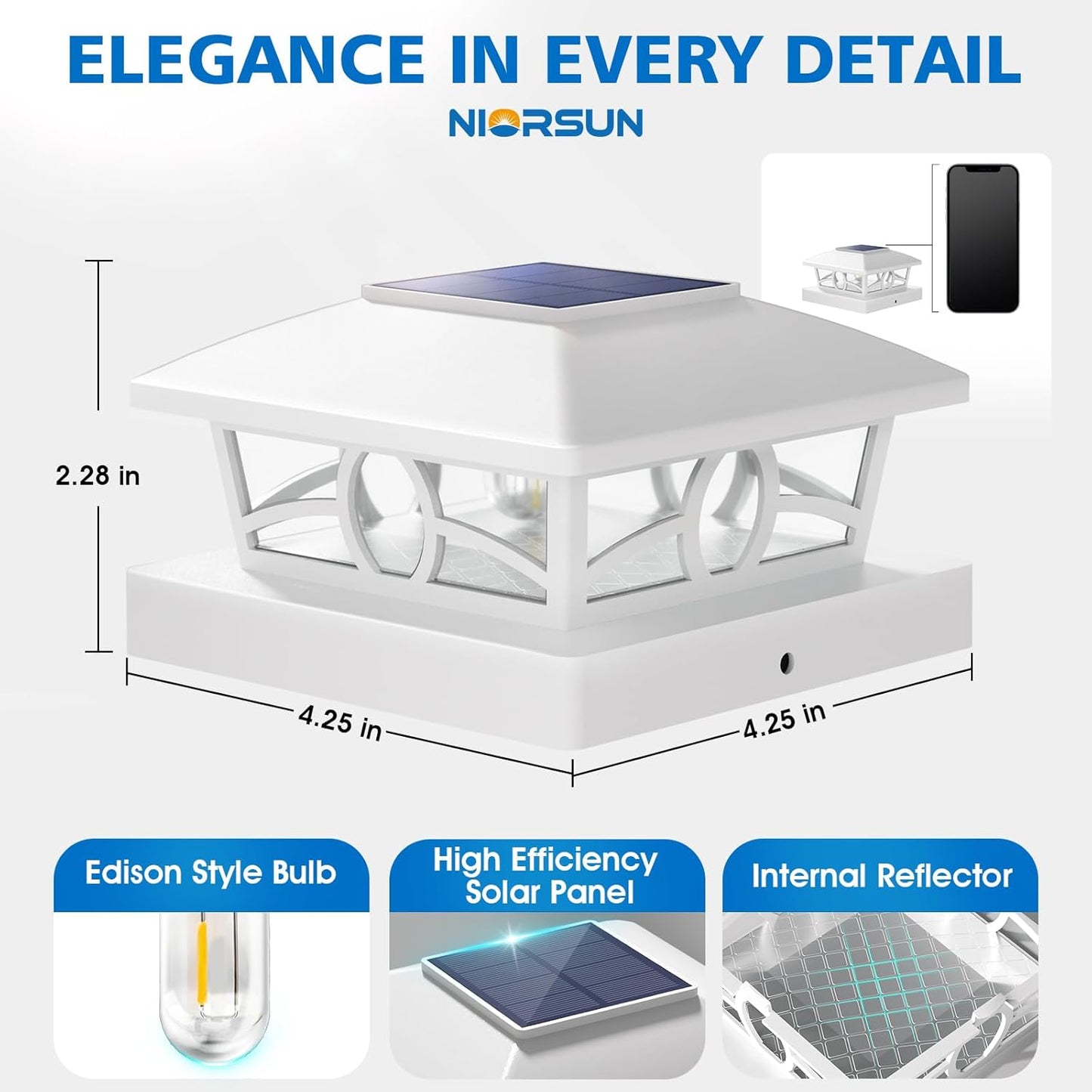NIORSUN Solar Post Lights Outdoor, Fence Post Solar Lights Warm White Outdoor Waterproof Edison LED Bulbs Garden Patio Fence Deck Decor, 4x4 5x5 Wood Vinyl Post Cap Lights, White 6 Pack