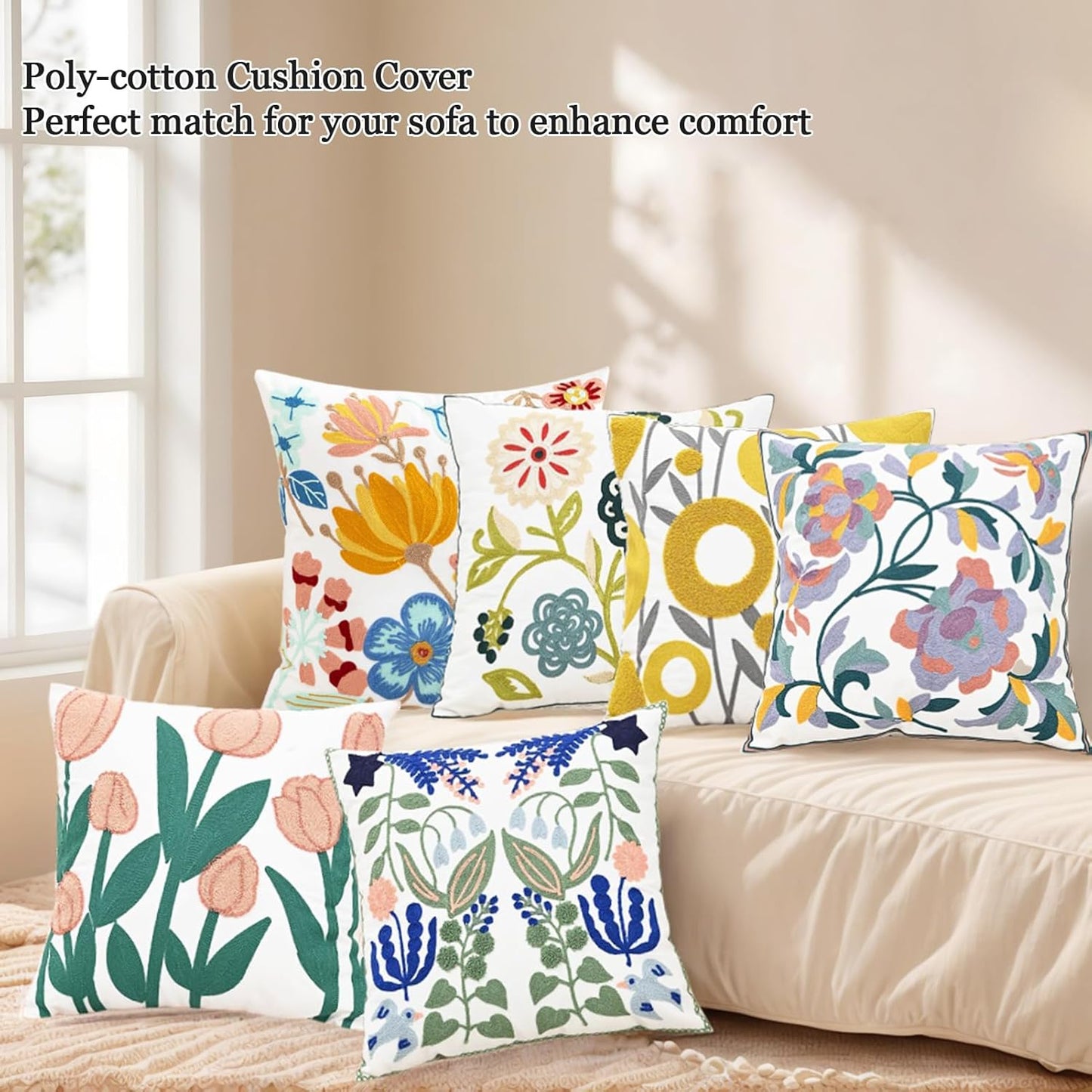 Embroidered Throw Pillow Cover Farmhouse Aesthetic Design Cushion Covers Spring Woven Floral Pillowcase for Living Room Bedroom Sunny Petals