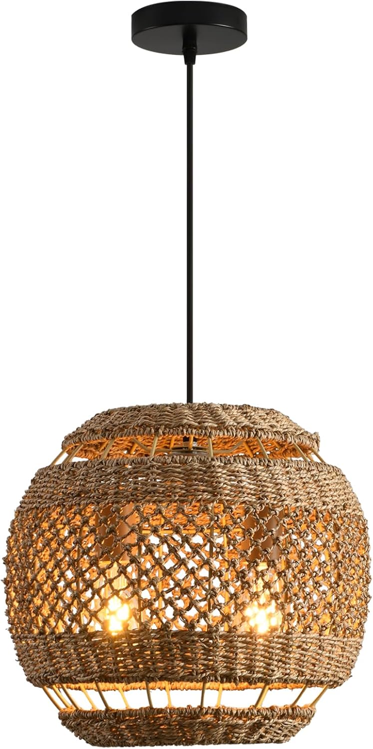 Rattan Pendant Light 13.78" Boho Wicker Seagrass Pendant Light 2-Light Hand Woven Water Plants Rattan Chandelier for Dining Living Bedroom Kitchen Farmhouse
